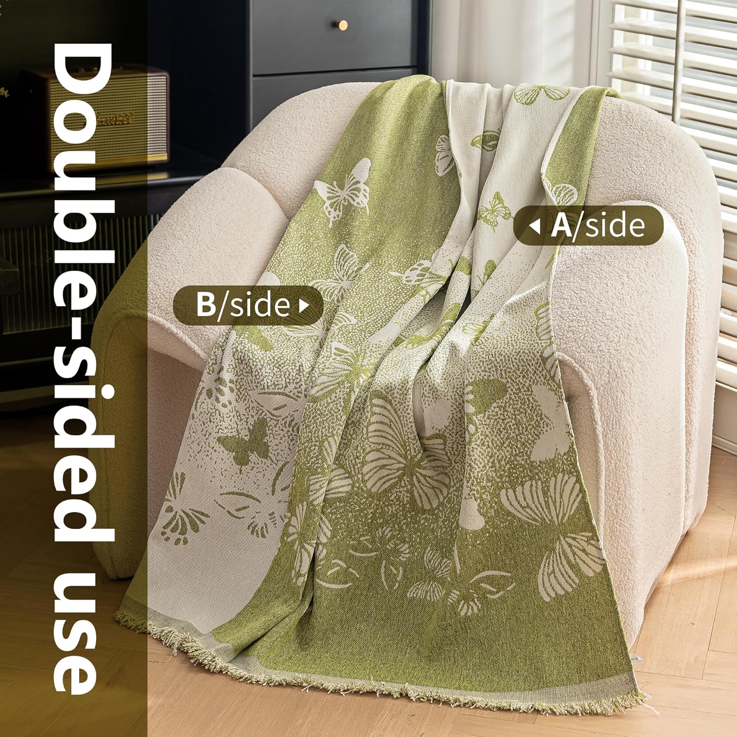 Couch Cover Blanket Reversible for Spring, Chenille Sofa Covers with Butterfly Pattern and Tassel,Loveseat Covers for Living Room,Office