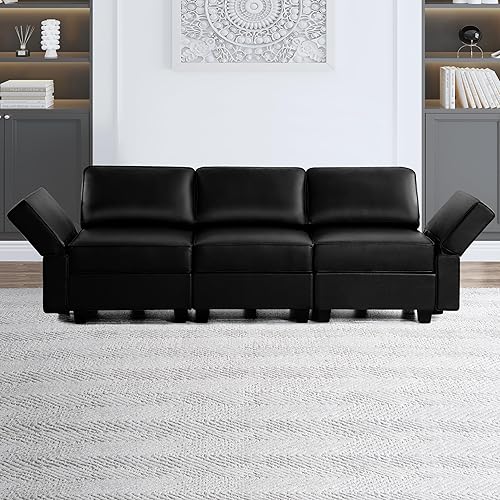 Naomi Home Sofá Sarah de cuero negro Air, asiento ergonómico profundo con resortes helicoidales de bolsillo, muebles modulares modulares modernos