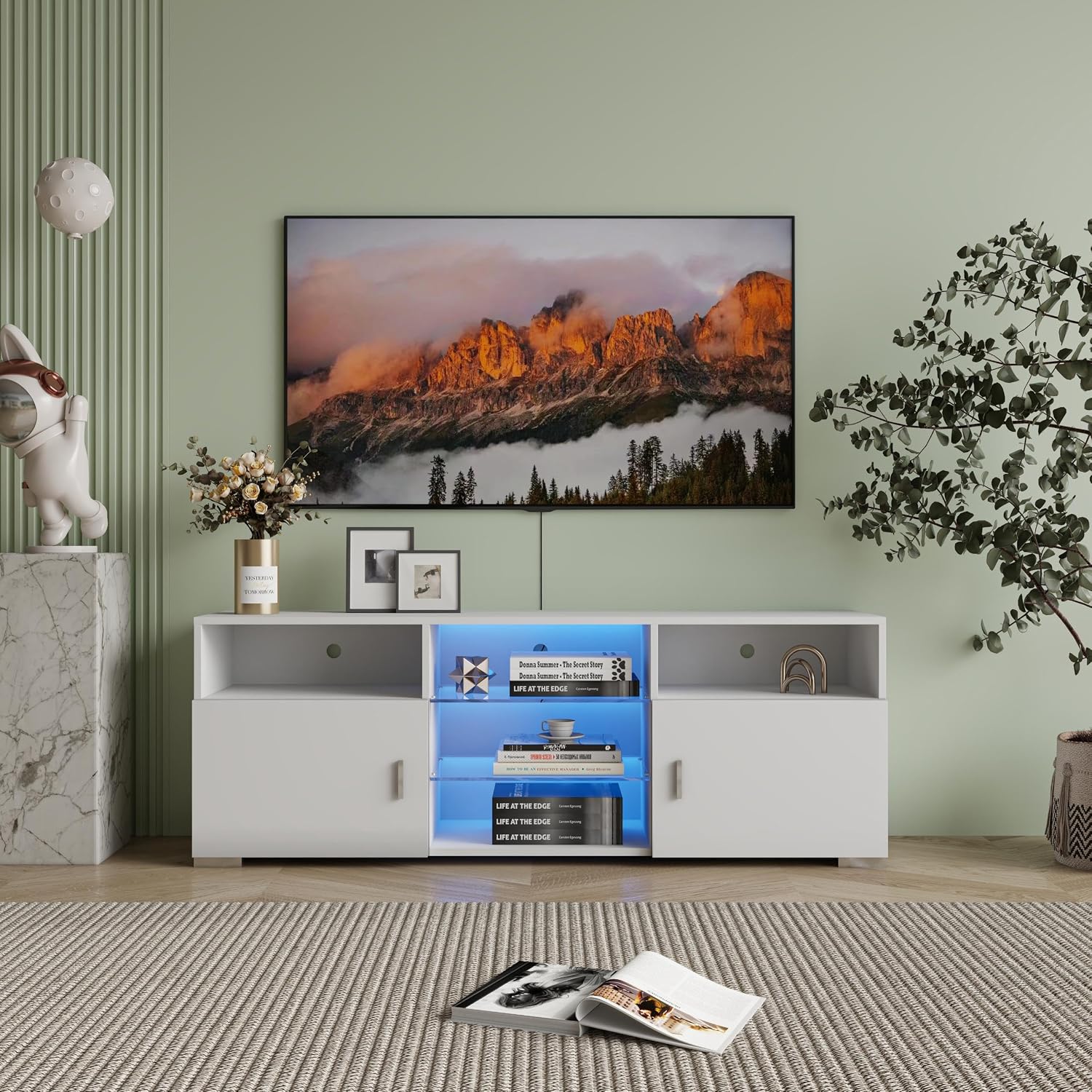 JOSHEN 57" RGB Lit Media Storage Cabinet, Media Console with Adjustable Shelves, TV Console Stand with Glass Layers for Gaming Leisure Spaces, White
