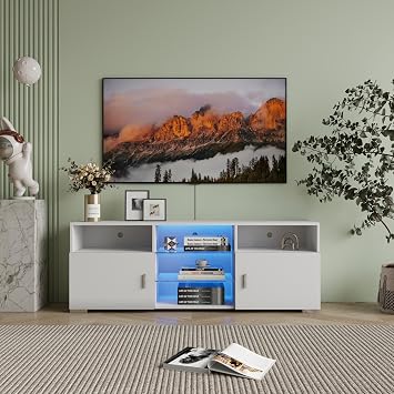 LED TV Stand for 60 Inch, Modern TV Stand with 16 Color LED Lights, High Gloss Entertainment Center with Storage Drawer & Open Display Shelves for Living Room, Bedroom, White