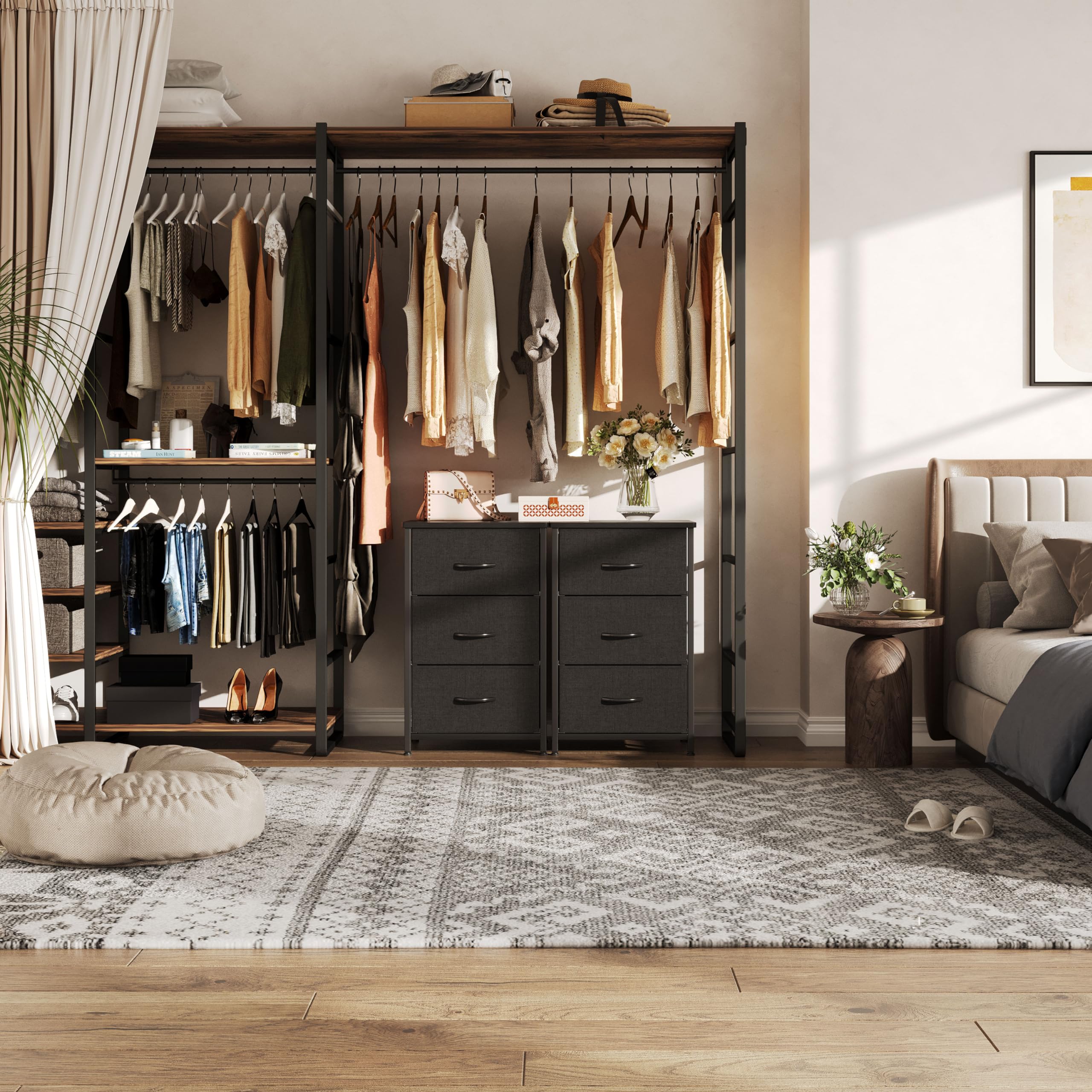 CAIYUN Cómoda de cabecera con 3 cajones, estrecho armario de tela, aparador con tablero de madera, almacenamiento para dormitorio, sala de estar, pasillo, diseño moderno, negro, ahorro de espacio