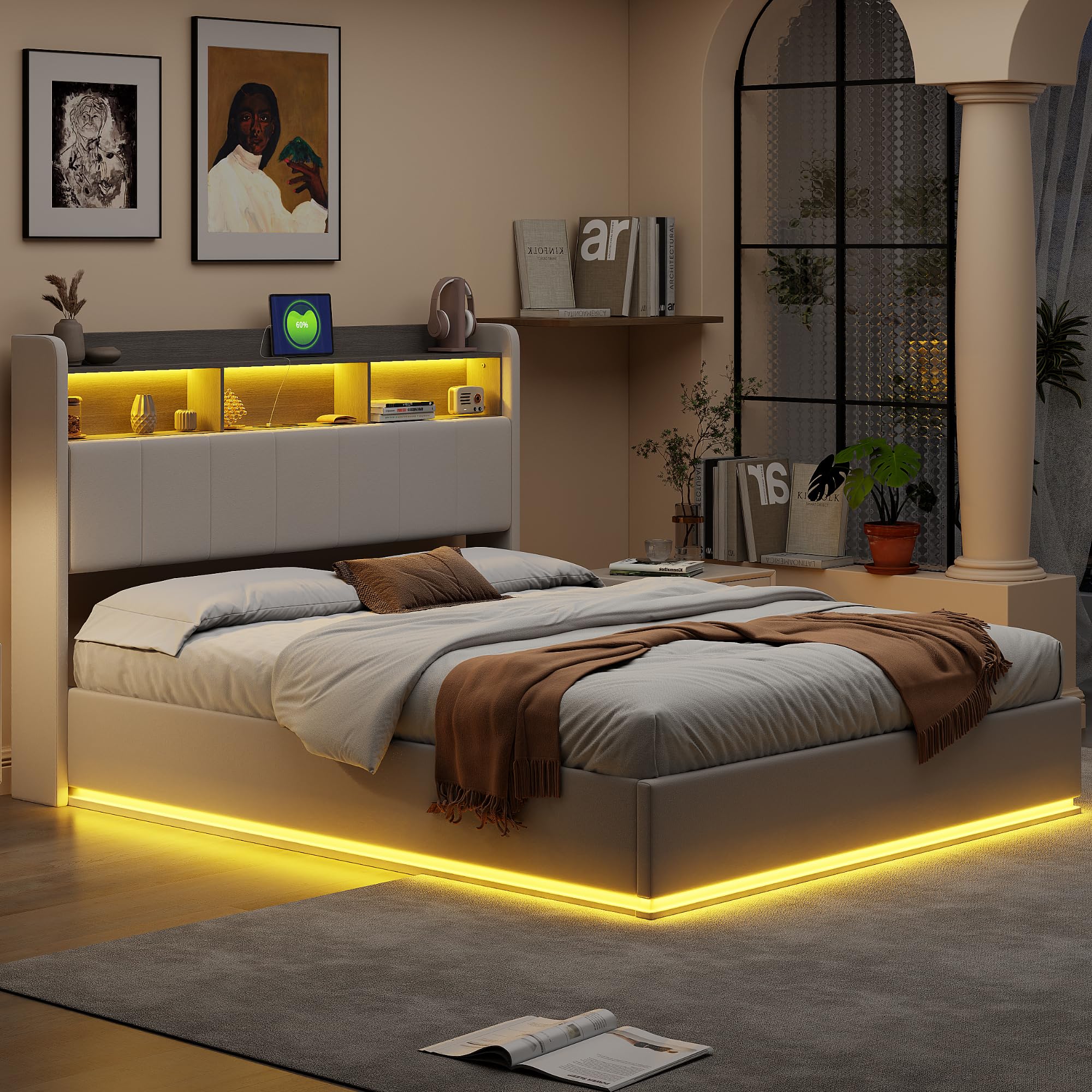 Letto Imbottito 160 x 200 cm, Letto Matrimoniale con Contenitore, letto una Piazza e Mezza, con LED e Ricarica USB, Letti con Rete a Doghe, Testiera con Vano Portaoggetti, Velluto, Bianco