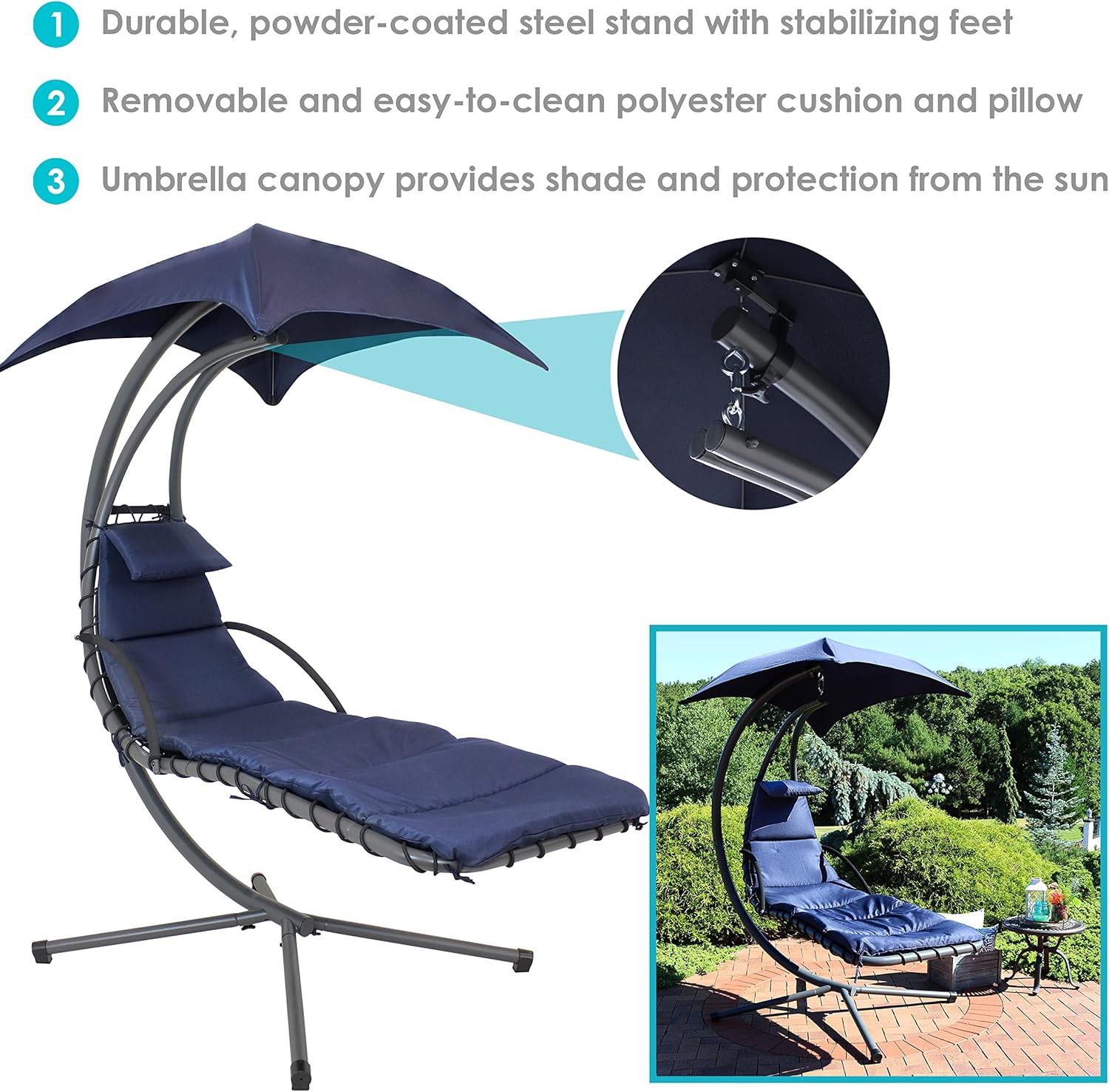 Sunnydaze Floating Chaise Lounger Swing Chair with Umbrella Canopy - Curved Steel Hammock Lounge Chair with Cushion and Pillow - Removable Cushion and Umbrella Shade - 82-Inch Tall - Navy Blue