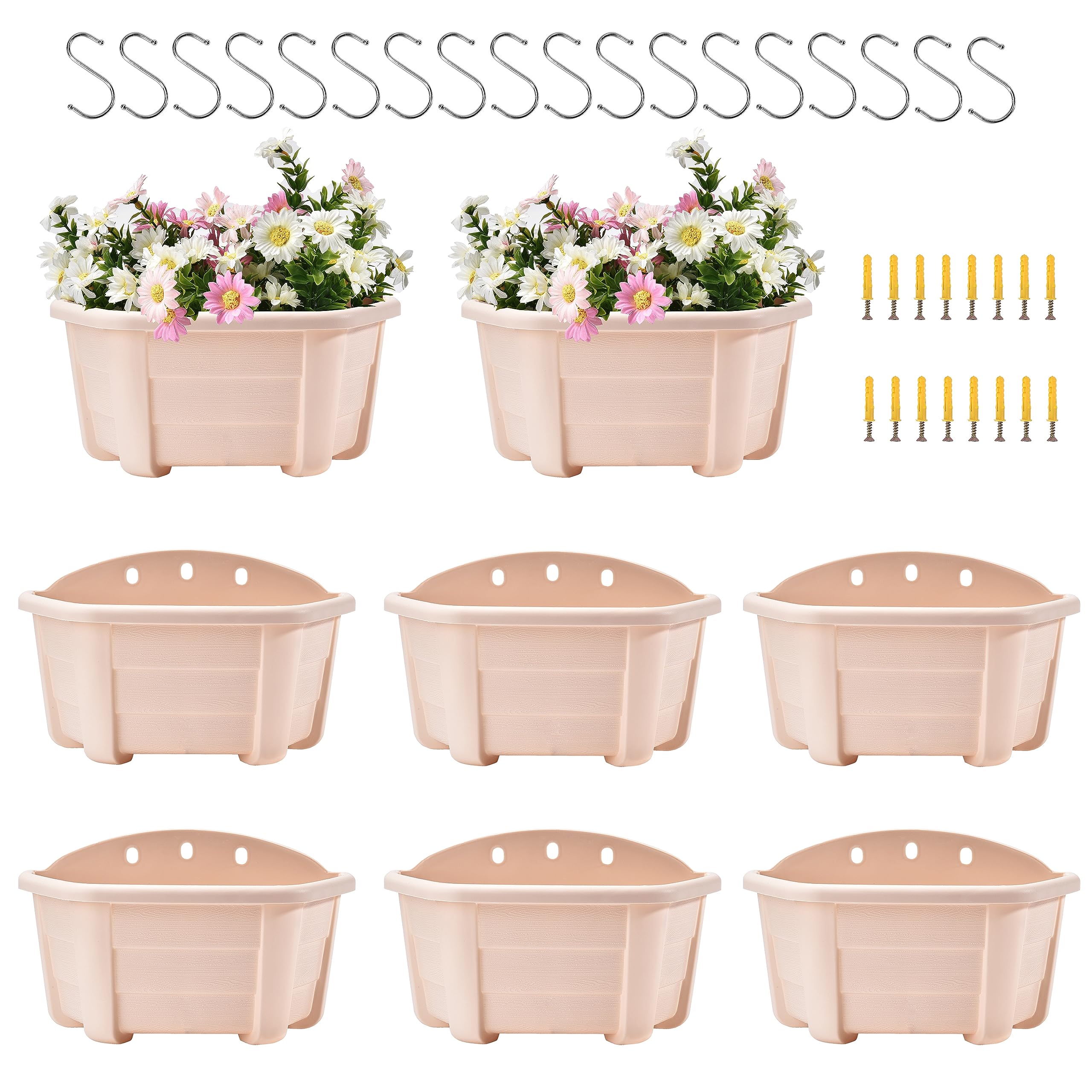 ORIMERC 25cm 8 Pcs Wall Hanging Planters Plastic Retro Style Railing Hanging Planters Plants Flowers Plastic Pots Baskets for Balcony Fence Garden Outdoor Indoor-Beige