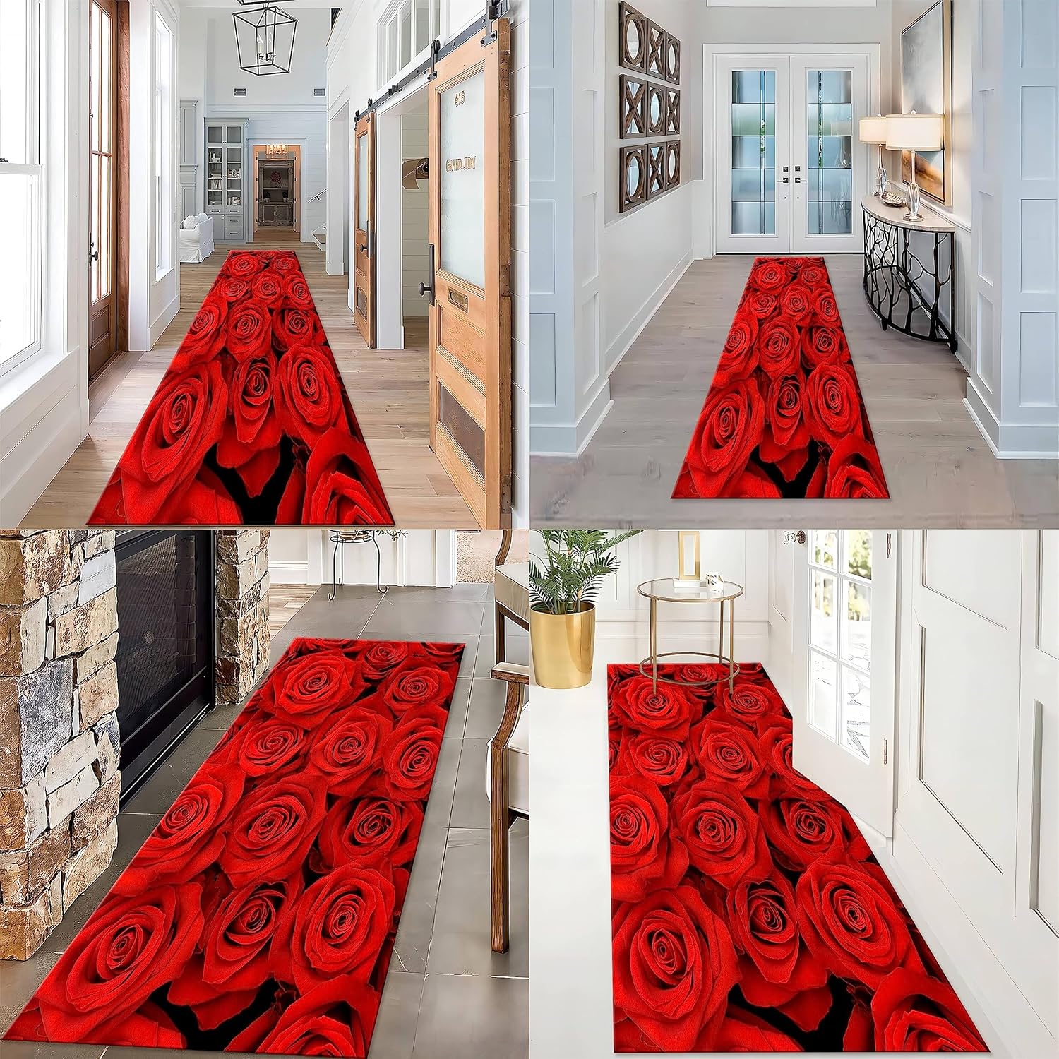 Rose Floral Runner Rug, 2x7ft, Romantic Red Rose Printed Large Area Hallway Rugs, 3D Visual Flower Pattern Runway Carpets Suitable for Living Room Bedroom Hallway, Valentine's Day Logo