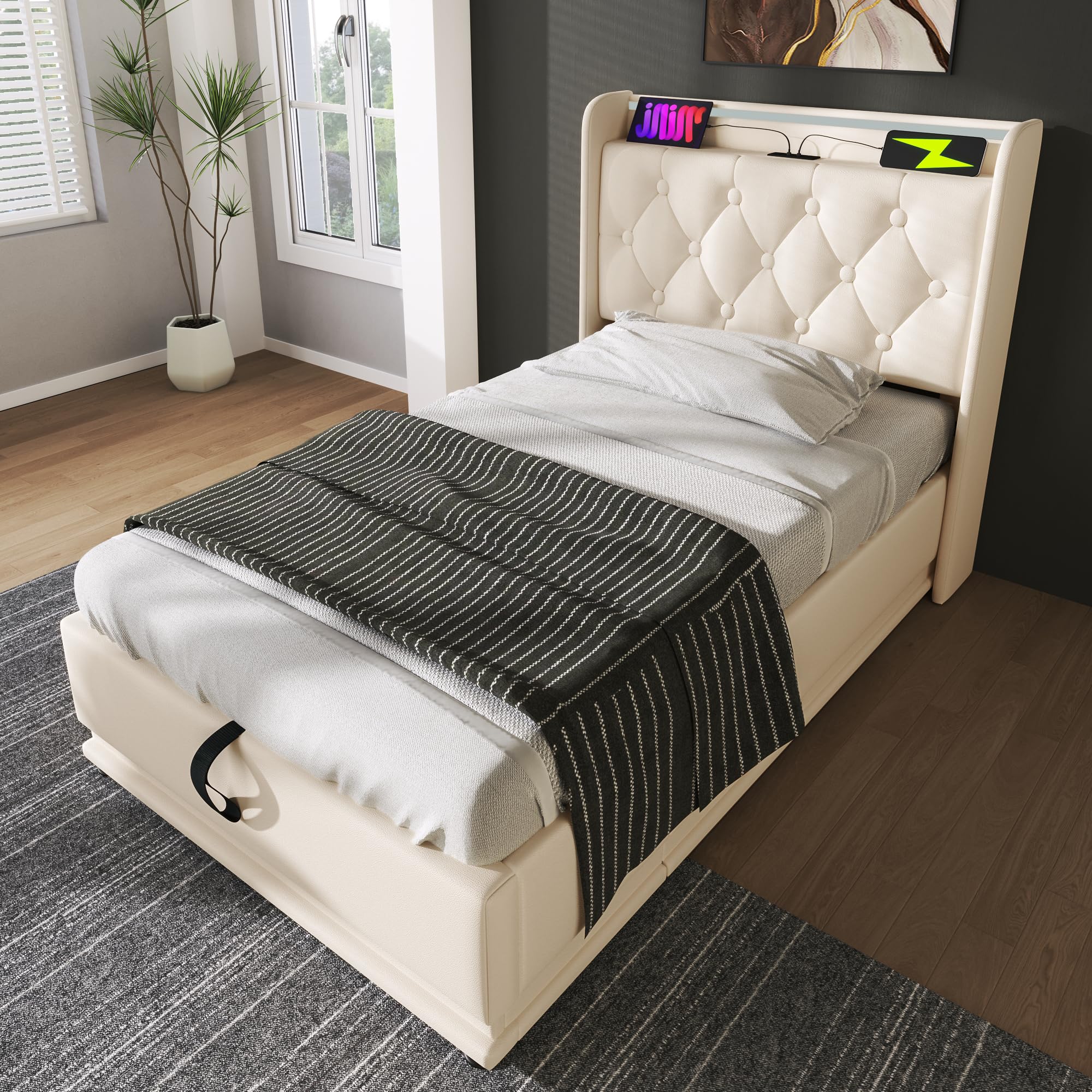 Ymkua Polsterbett Einzelbett 90x200 cm, Stauraumbett Bett mit LED-Funktion Kopfteil und Lattenrost, Jugendbett Bettgestell mit USB Typ-C Ladefunktion, Hydraulisch Funktionsbett, Weiß, PU,Ohne Matratze