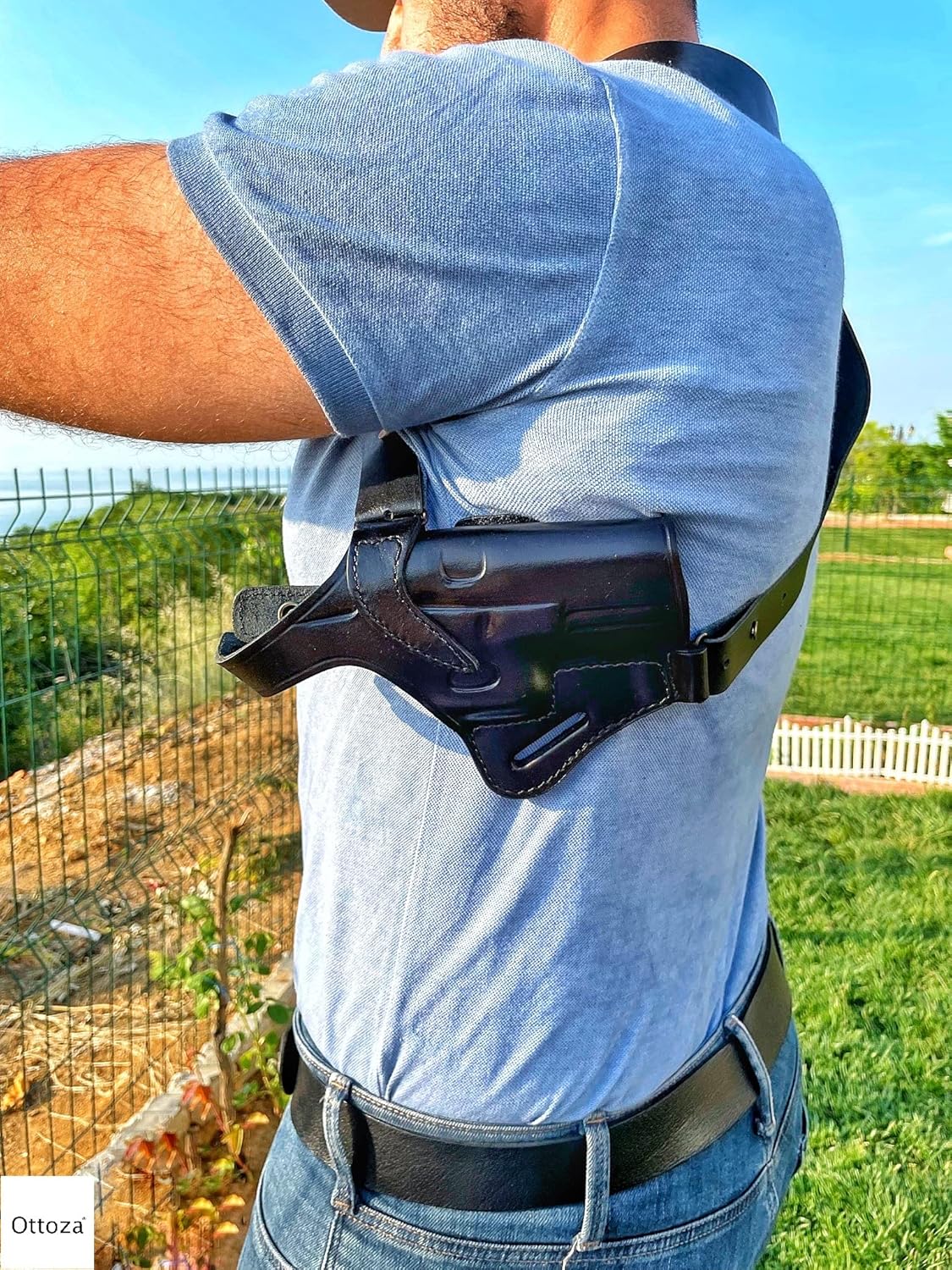 Ottoza Leather Shoulder Holster Glock 19/19X/17/23 Right Handed - Glock 19 Shoulder Holster - Dual Usage Shoulder + Belt