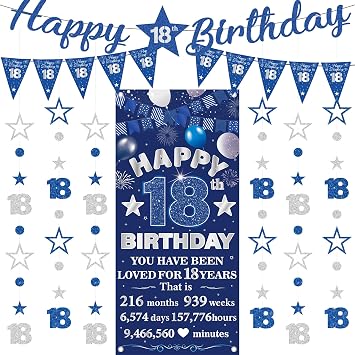 18th Birthday Decorations Banner Boys - 9 Pcs Blue Silver Happy 18th Bday