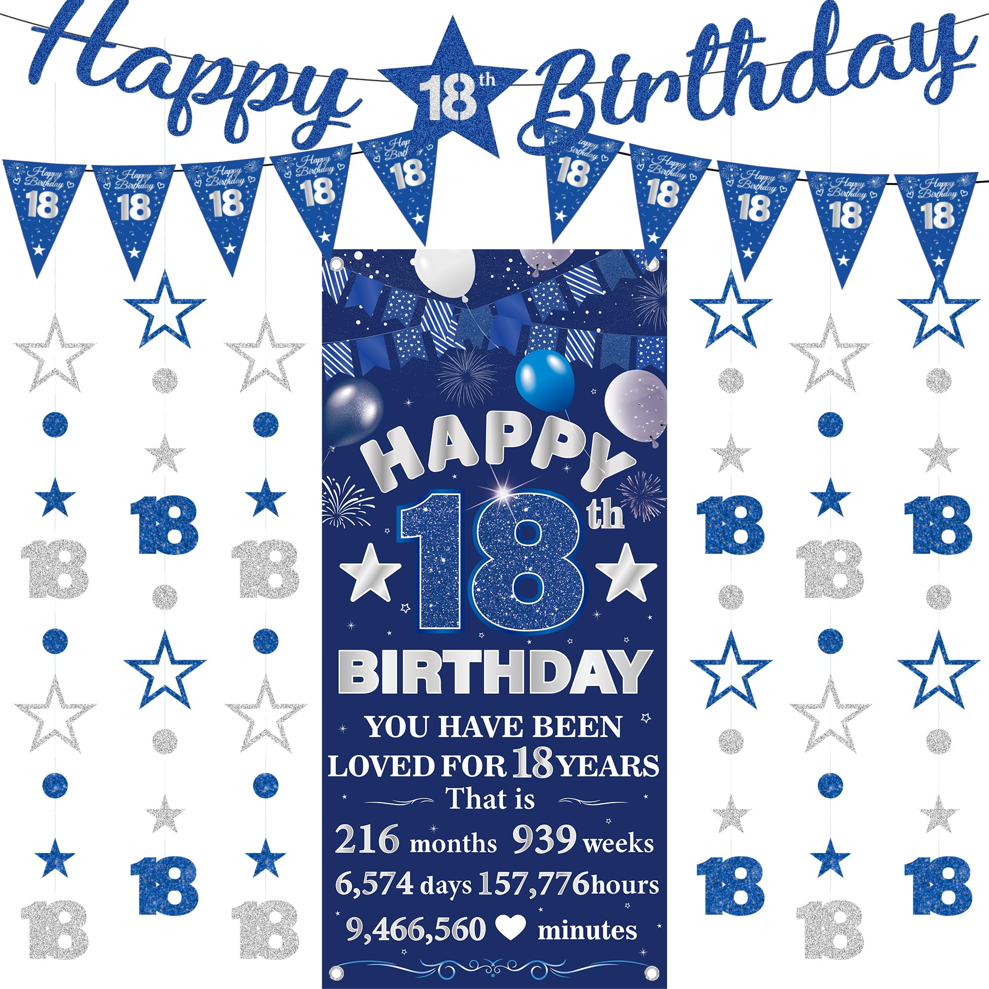 18th Birthday Decorations Banner Boys - 9 Pcs Blue Silver Bannes Backdrop Number Star Dot Glitter Hanging Garlands Kit for Boys And Girls Happy 18 Years Old Birthday Party Decor Supplies