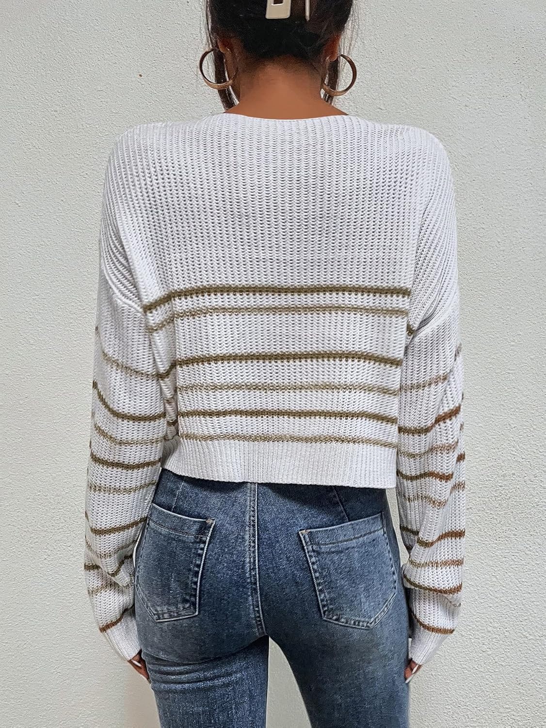 BEDAW Women's Sweater Striped Pattern Drop Shoulder Sweater Sweater for Women (Size : Large)