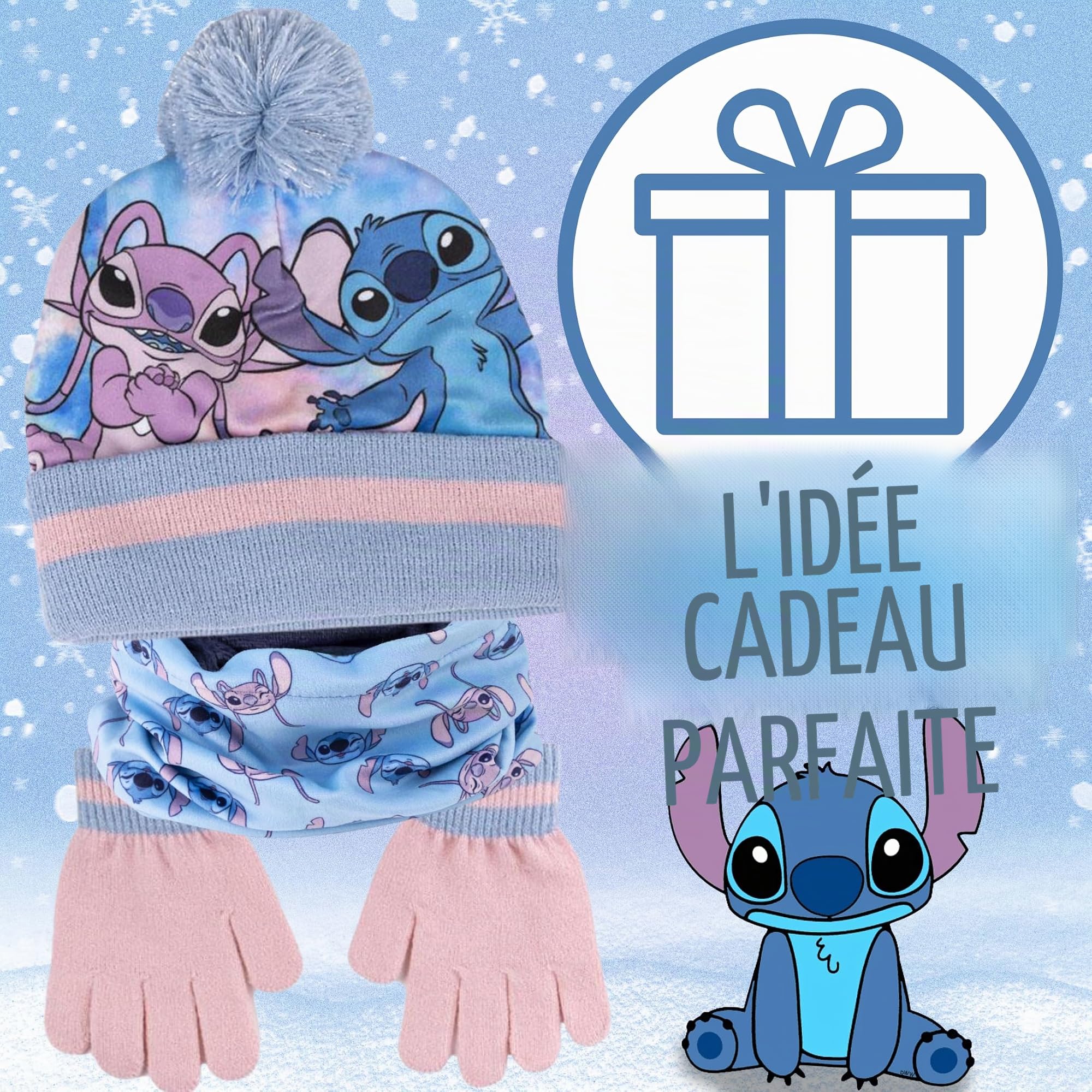 Disney Stitch & Angel Ensemble bonnet à pompon + écharpe + gants pour fille