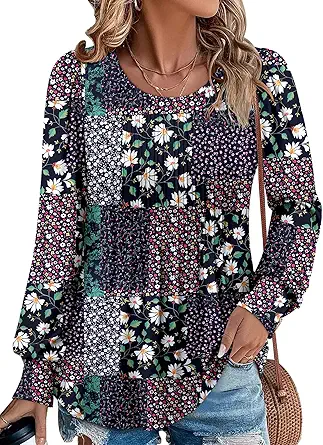 BETTE BOUTIK Long Sleeve Shirts for Women Fall Tops Dressy Blouses Crewneck Tunic Tops for Leggings S-3XL