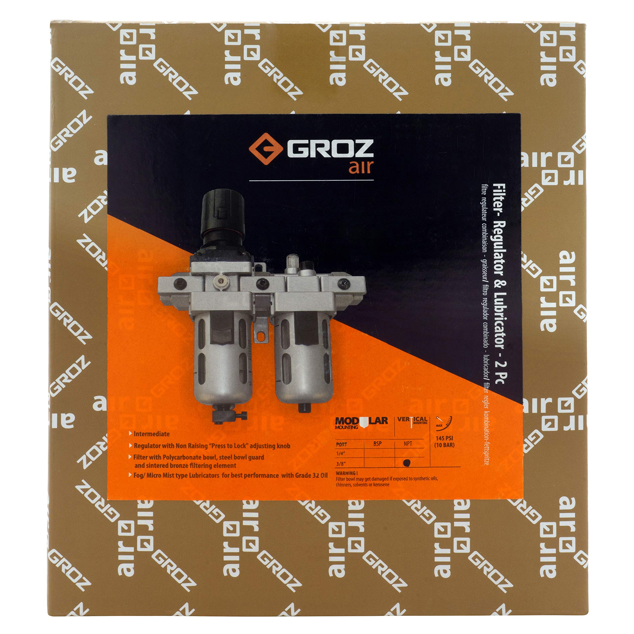 Groz 60451 – Filtro de aire regulador combinación y lubricante, – MODULAR 2 piezas, policarbonato), Intermediate – 3/8 "NPT