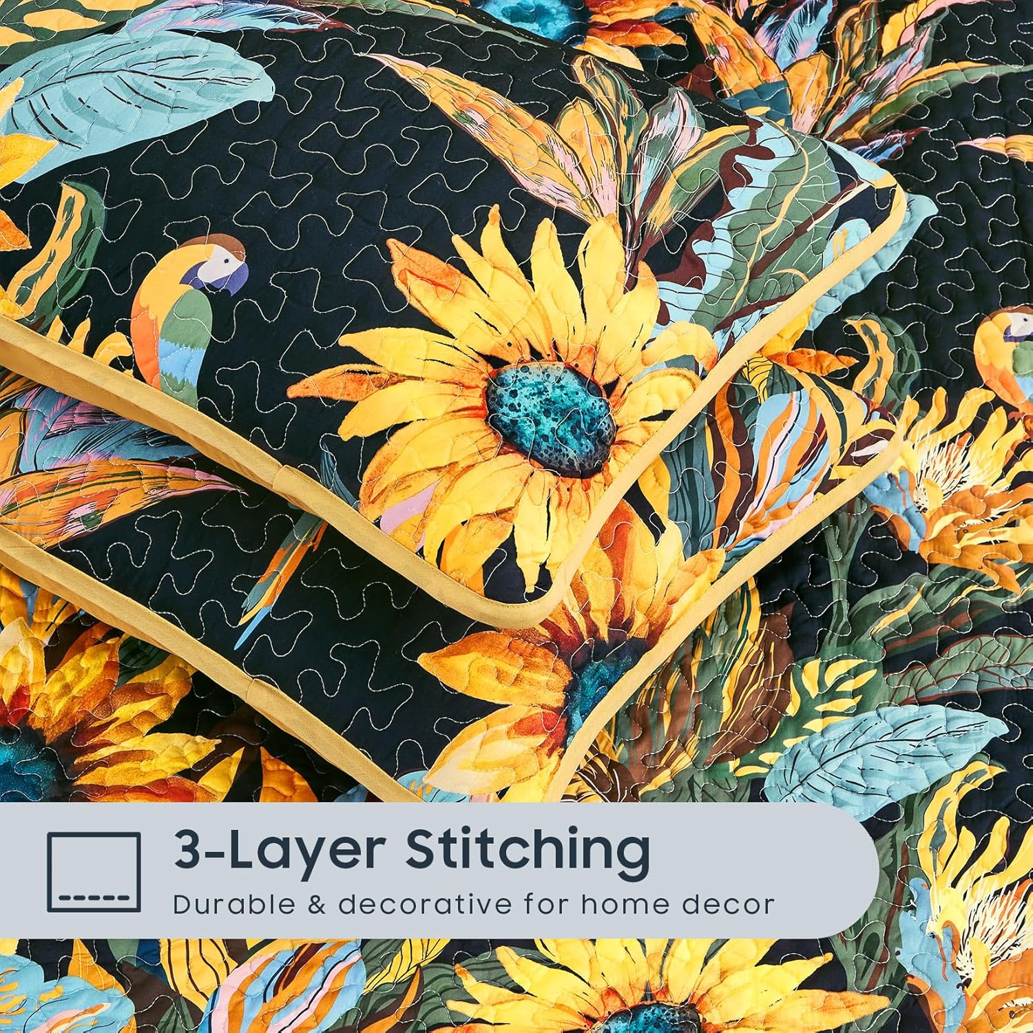 Wake In Cloud - Boho Quilt Set, Floral Bohemian Chic Farmhouse Cottagecore Tropical Colorful Sunflower Pattern, Reversible Lightweight Bedspread Coverlet, 3 Pieces, Amber Black, Queen/Full Size