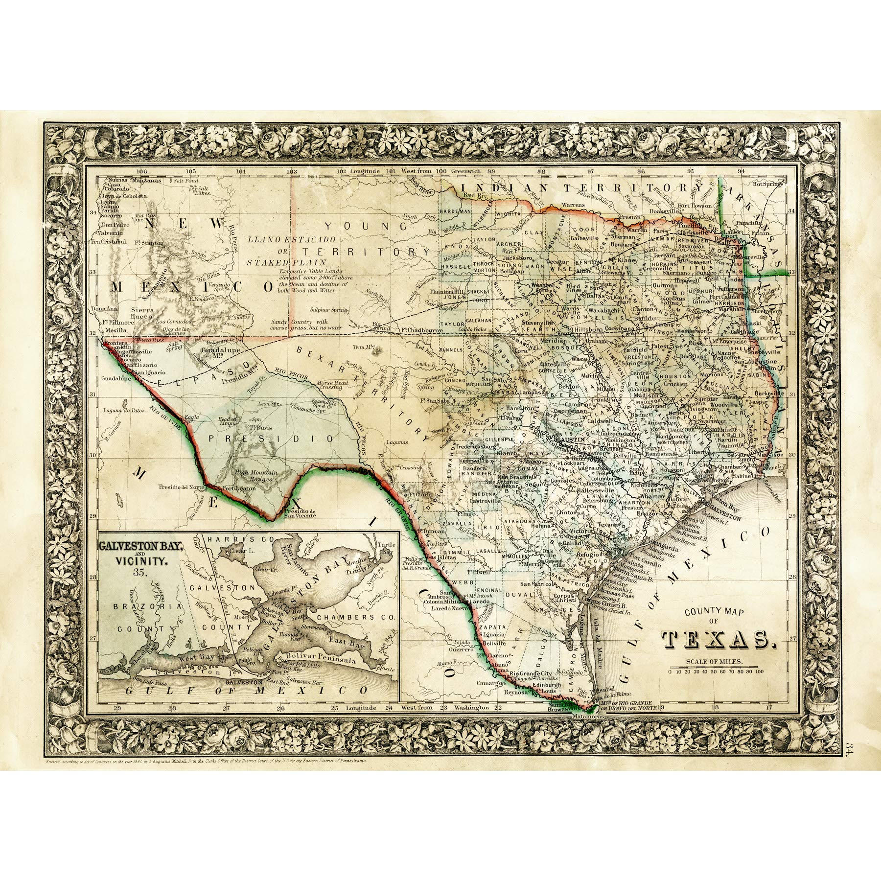Mitchell 1860 Map Texas County USA State Large XL Wall Art Canvas Print