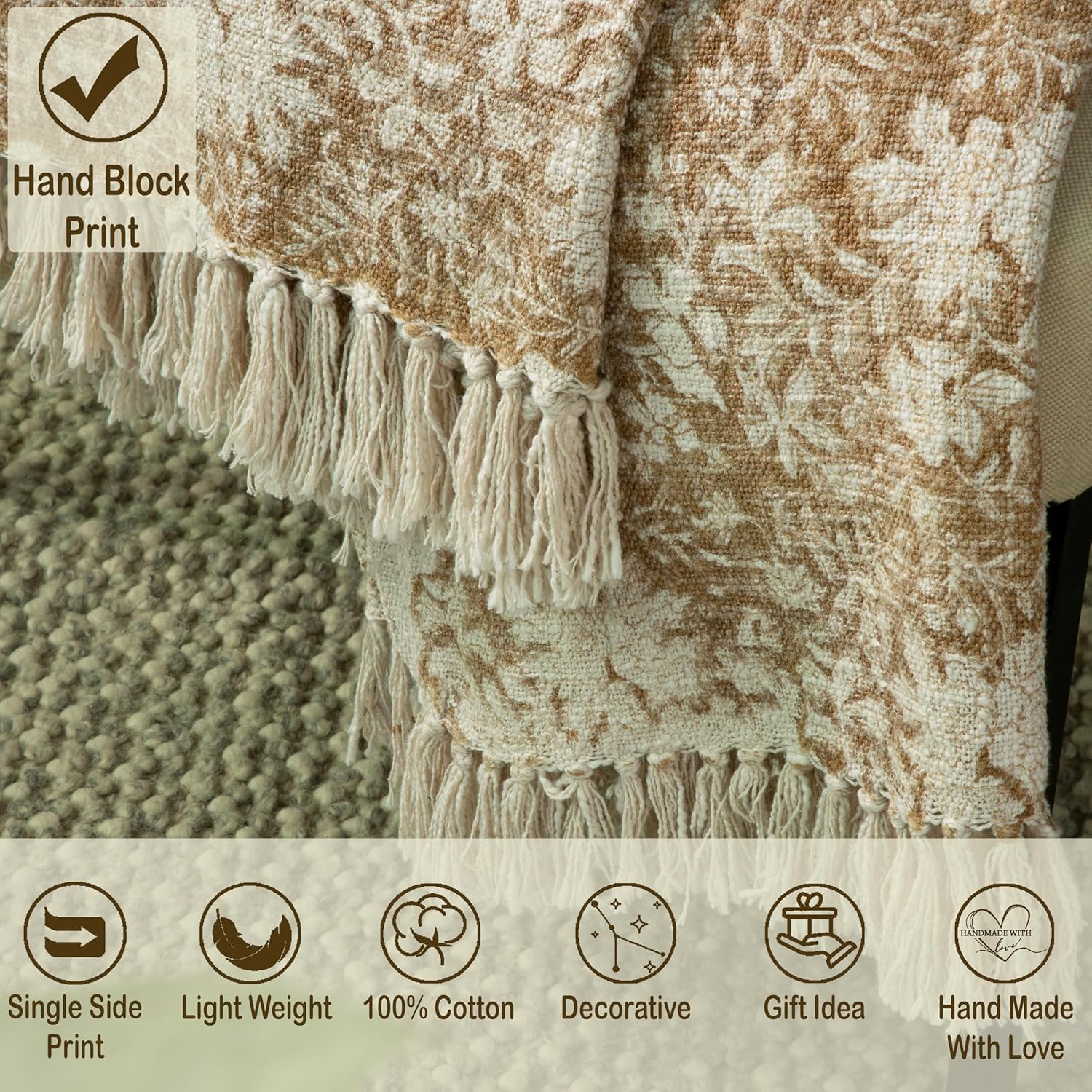 100% Pure Cotton Handblock Printed Throw Blanket, Soft 50" x 60" Fringed Floral Print Throw for Couch, Sofa, Chair, Bed - Cozy, Machine Washable, Comfortable Home Decor