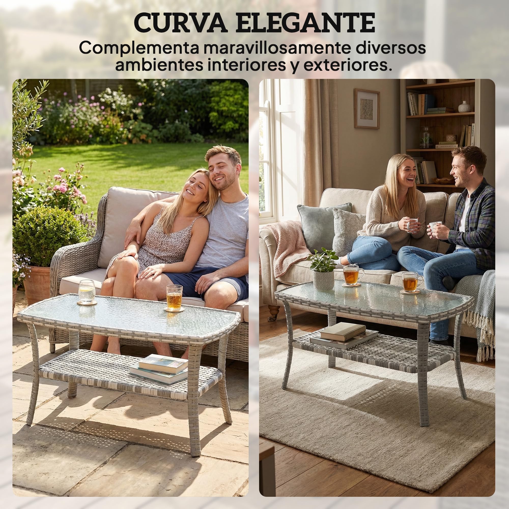 Outsunny Tavolo da giardino esterno in rattan con mensola, tavolino rettangolare da giardino, piano in vetro temperato con onde, struttura in acciaio, per terrazza, patio, 90 x 50 x 45 cm, grigio