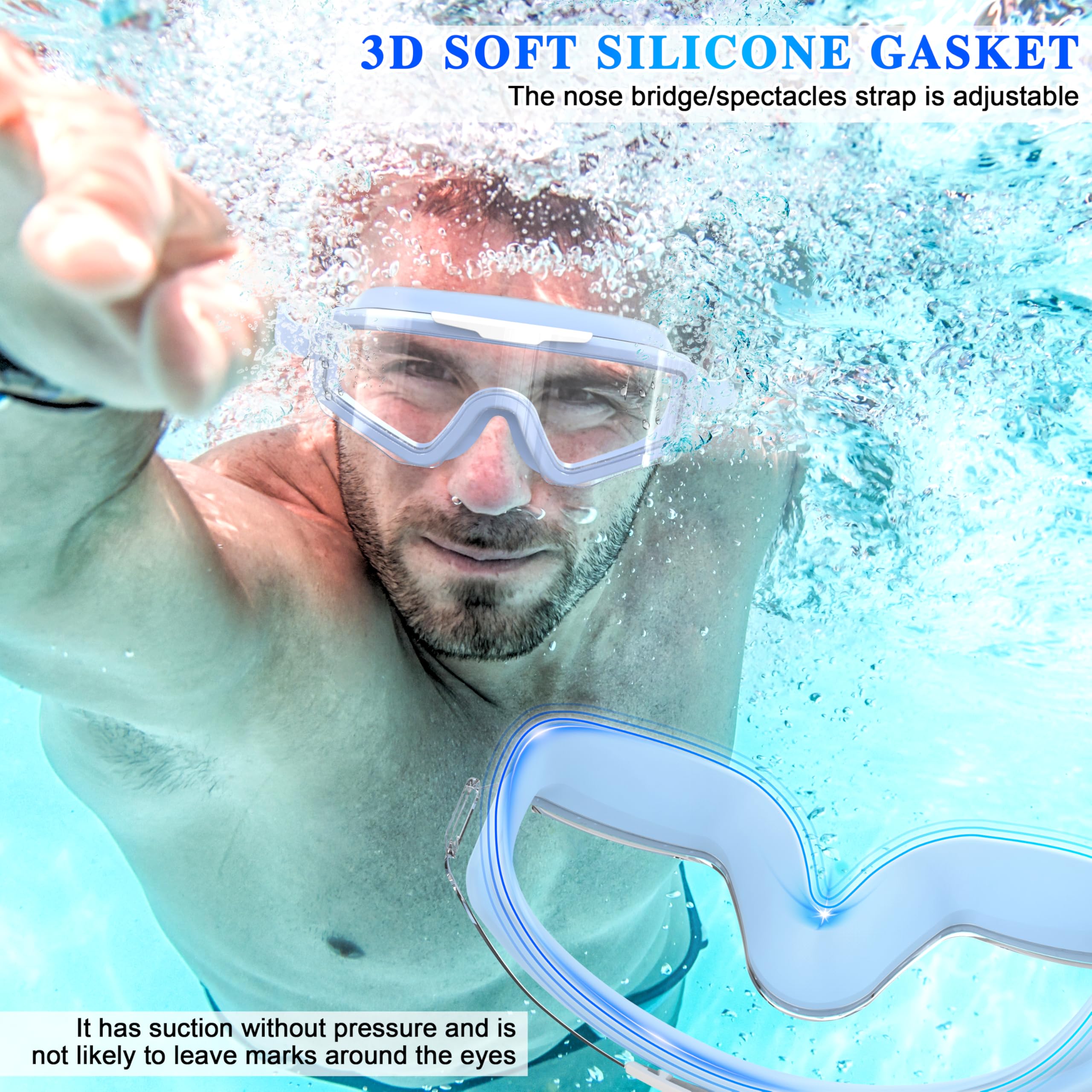 Męskie Okulary Pływackie Dla Dorosłych, Duża Ramka, Przeciwmgielne, Ochrona UV, Soczewki HD | Unisex Damskie Okulary Pływackie Idealne Do Nurkowania I Sporty Wodne Na Zewnątrz - T-BL | Duża ramka, Soczewki HD, technologia przeciwmgielna, ochrona UV, silik