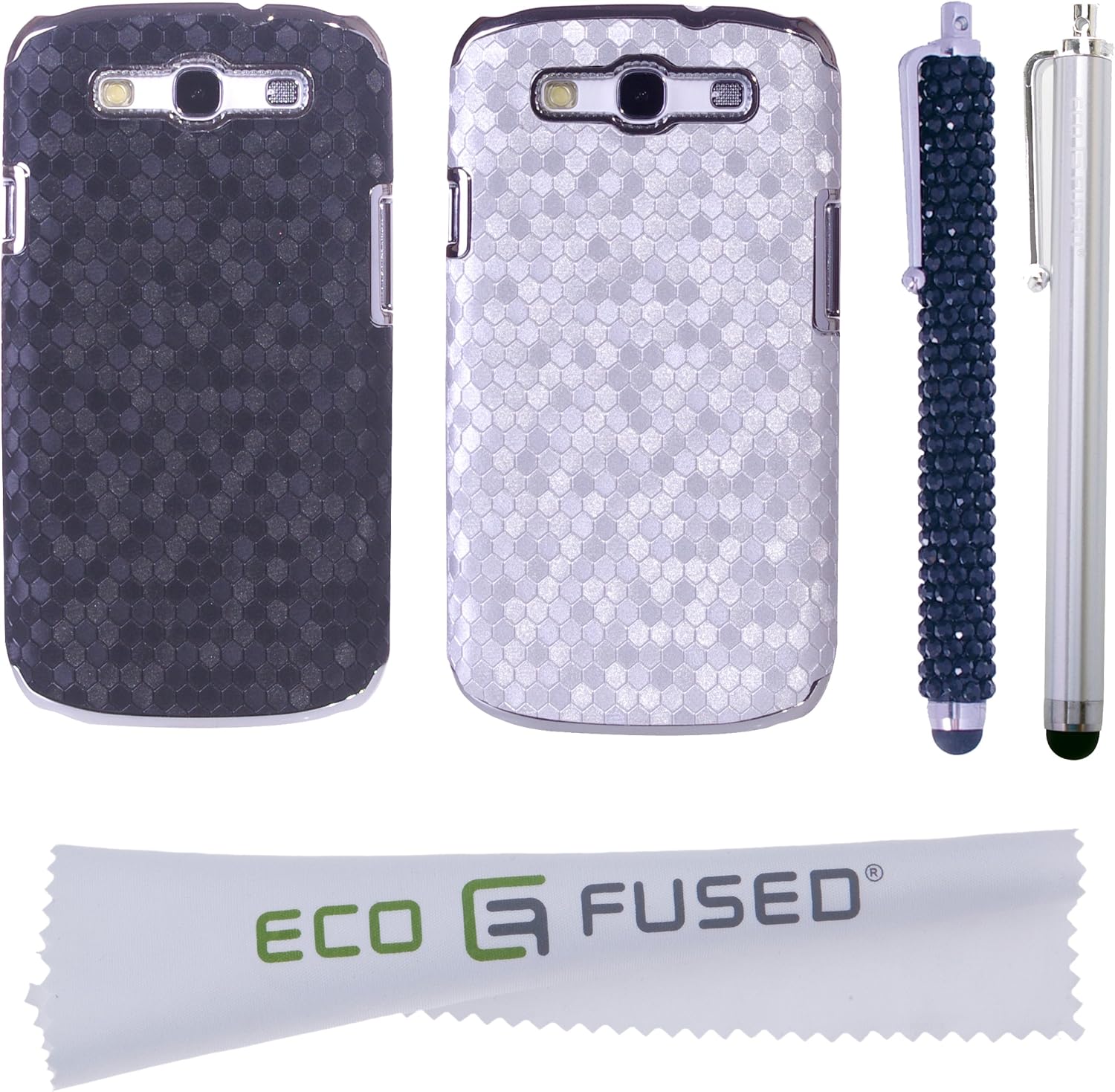 Samsung Galaxy S3 Case Bundle Including 2 Bling Honeycomb Pattern Cases / 1 Bling Stylus / 1 Long Stylus / 1 ECO-Fused Microfiber Cleaning Cloth (Silver/Black)