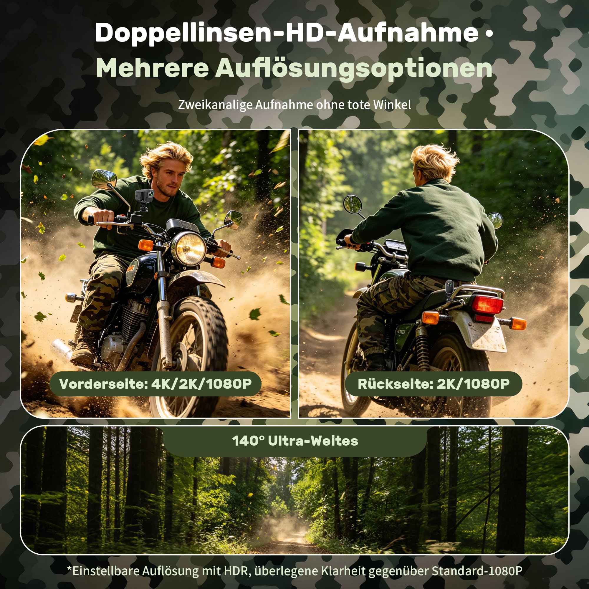 Action Cam 4K+1080P,Dashcam Motorrad,120° Weitwinkel Helmkamera Motorrad,Dashcam Auto vorne hinten mit GPS,Wasserdichter,6 Stunden großer Akku motorrad kamera für Motorräder,E-Bikes&Outdoor