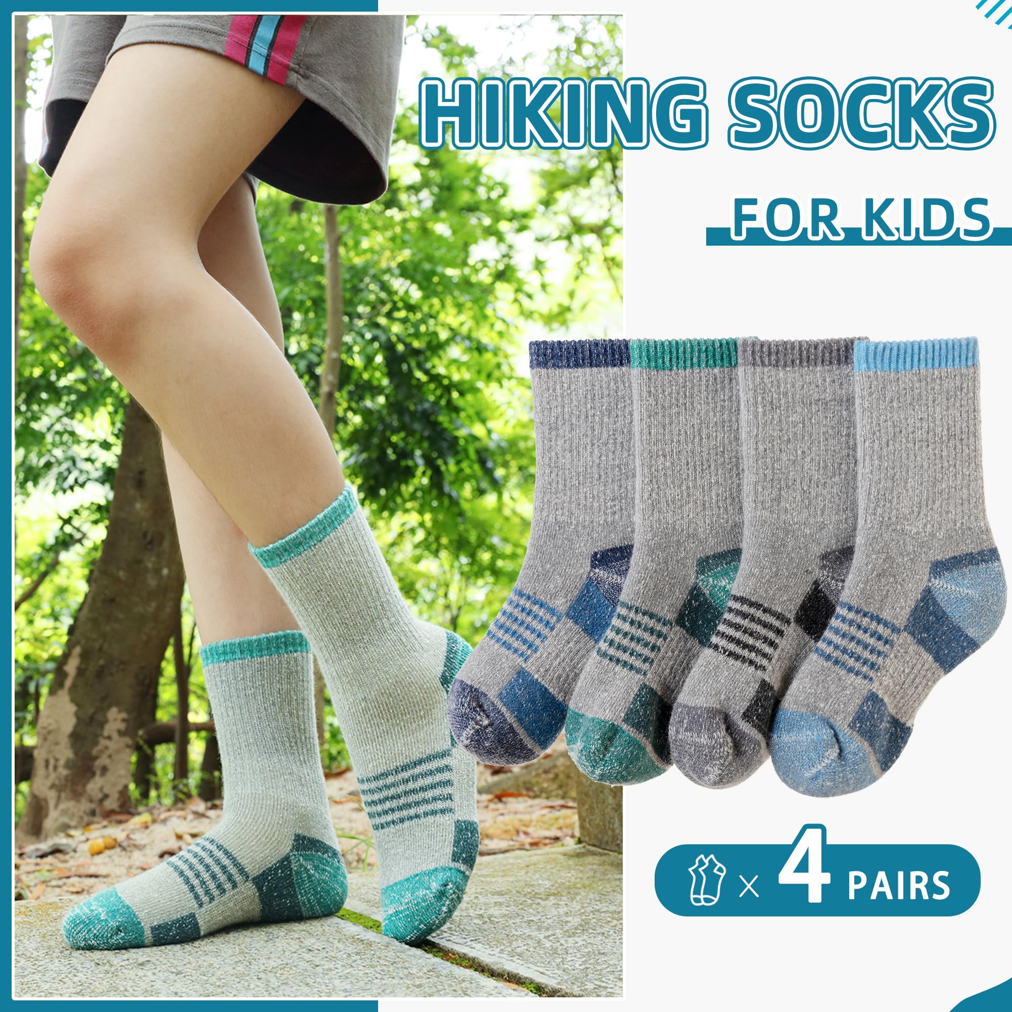 Merino Wool Hiking Socks for Kids Boy Girls Winter Warm Thermal Thick Boot Cozy Cushion Crew Socks(4 Pairs Grey, 8-12 Years)