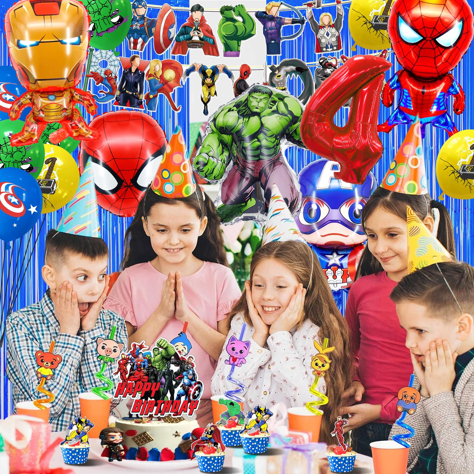 Kit Decorazione Compleanno Supereroi 4 Anni - Palloncini, Tenda, Tovaglia E Cake Topper - Foto 8