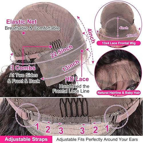 Miniatura 4 de Ylubbiuv Pelucas de cabello humano ondulado con encaje frontal HD de 13 x 4 pulgadas, cabello humano brasileño rizado profundo con encaje frontal