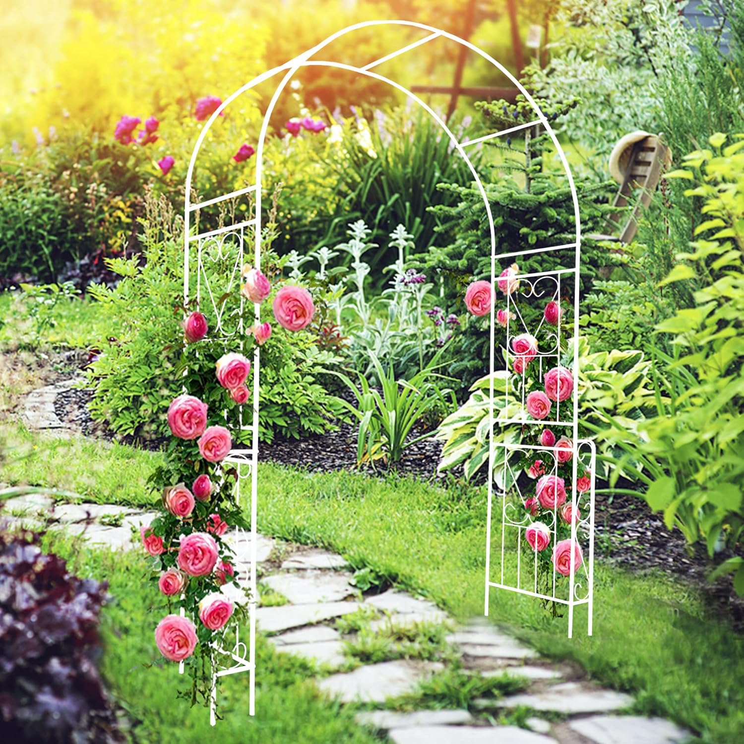 Metal Garden Arch - Assemble Freely Arbor Trellis Climbing Plants Support Rose Arch Outdoor Archway Garden Decoration Cream White