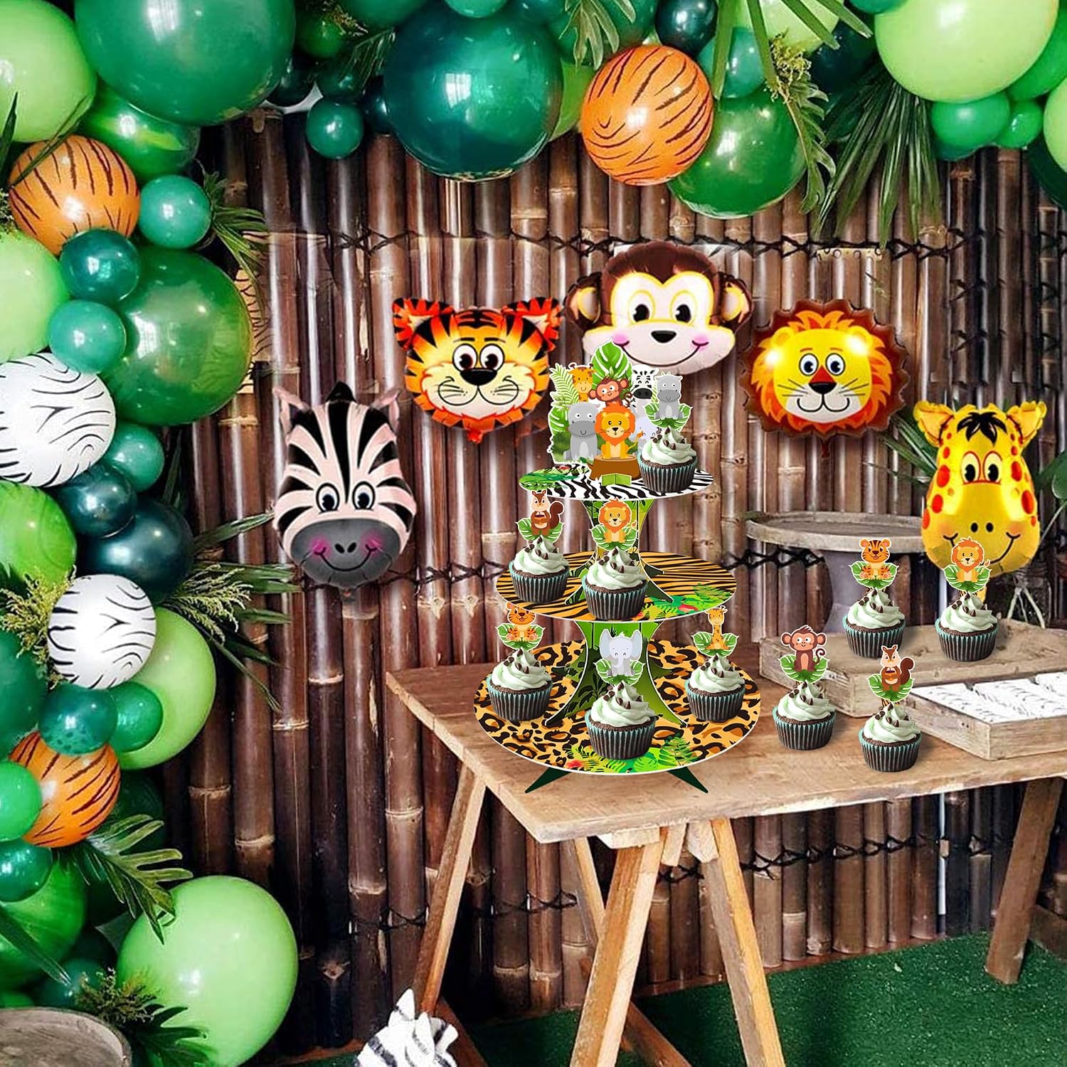 3 Tier Jungle Safari Cupcake Stand with 24 Cupcake Toppers, Wild Animal Dessert Holder for Forest Jungle Safari Birthday Baby Shower Sage Green Party Decorations Supplies for Cupcake