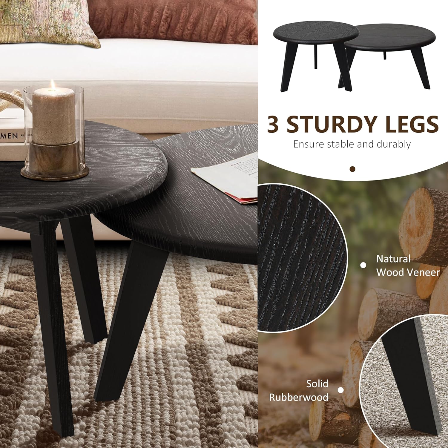 23.6" Coffee Table Mid Century Modern Farmhouse Round Nesting Stacking, Vintage Rustic Solid Wood, Black Accent Coffee Table for Living Room, Bedroom & Office, Espresso