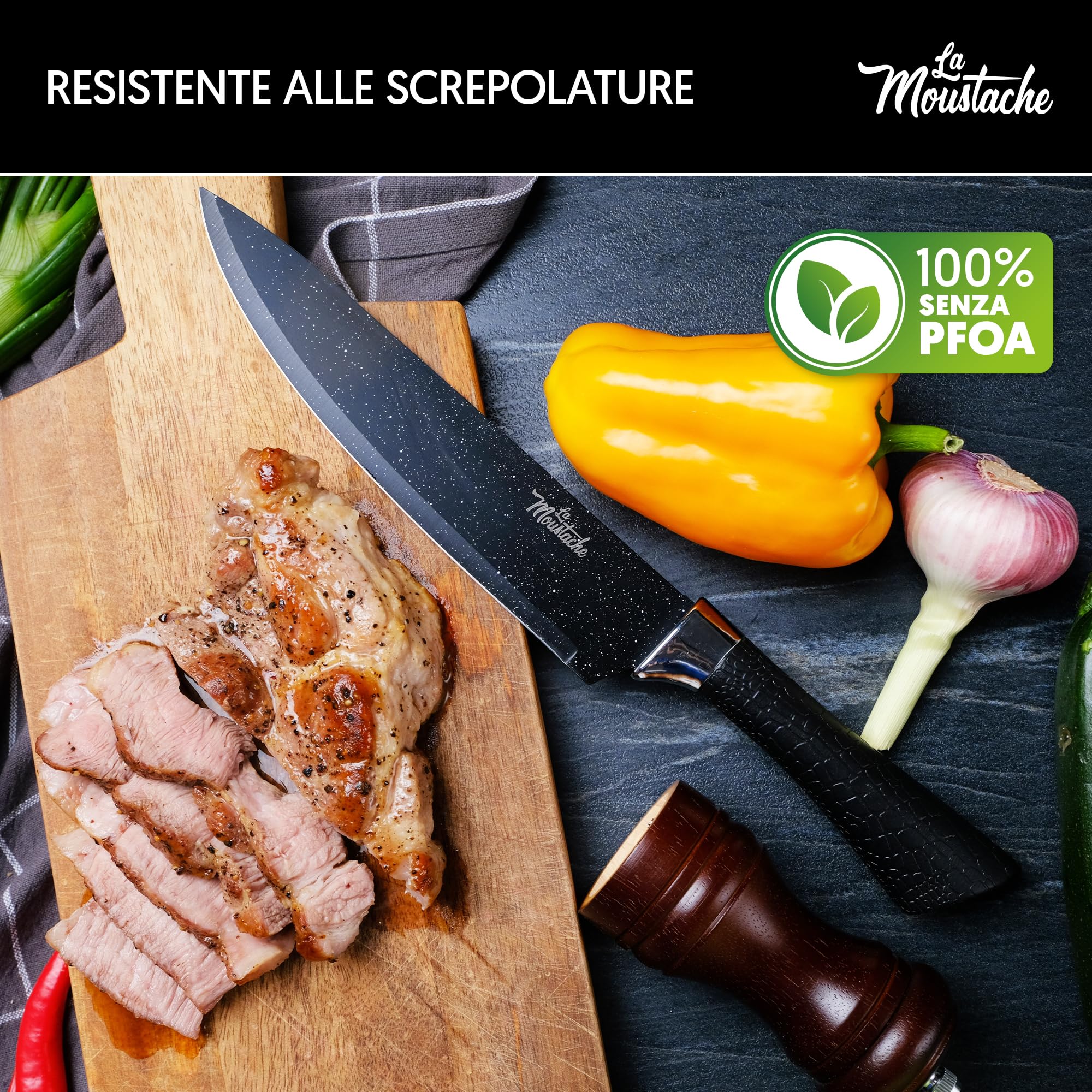 La Moustache - Set di Coltelli 7 Pezzi da Cucina Professionali, Inossidabile e Antiaderenti, Forbici, Pela Verdure, Coltelli da Chef per Pane e Carne, Ergonomici e Prova di Calore (Marmo)