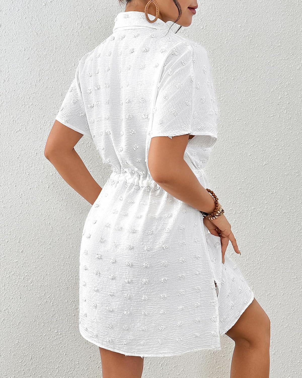 Bsubseach Women's Swimsuit Coverup Swiss Dot Button Down Drawstring Beach Shirt Dress 2026 Resort Wear Bathing Suit Cover Up