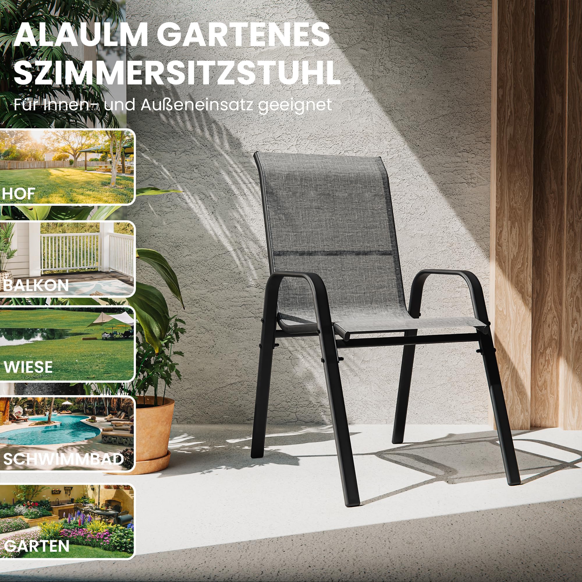 2026 Aufwertung Hochlehner 6er Set Gartenstühle wetterfest, Stapelbar Terrassenstühle Sitzgruppenstühle mit hoher Rückenlehne & atmungsaktivem Textilen, Ideal für Garten, Balkon, Terrasse und Camping