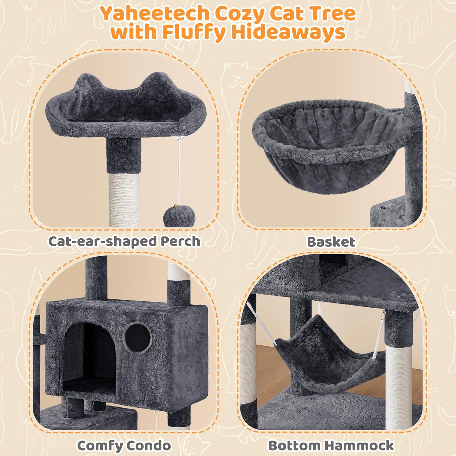 Yaheetech 64.5in Extra Large Cat Tree with 2 Perches, 2 Condos, 5 Scratching Posts, Funny Hammock & Basket & Dangling Balls, Multi-Level Cat Tower for Indoor Felines, Dark Gray