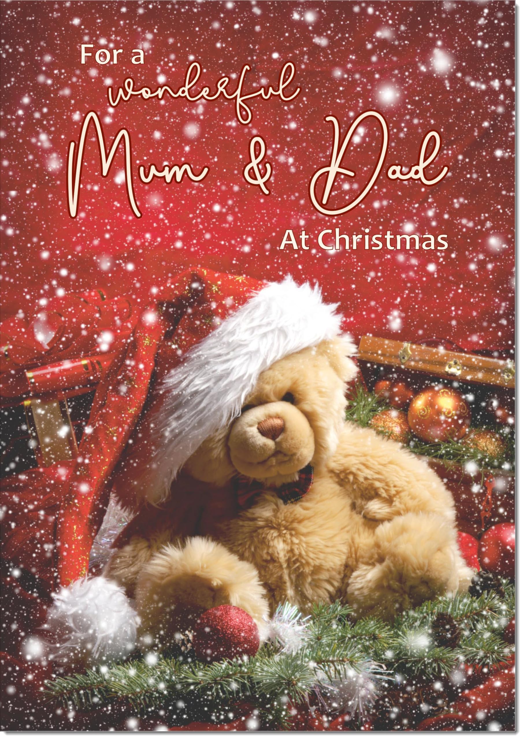 doodlecards Mum and Dad Christmas Card Bear with Santa Hat Large A4 Size Christmas Card for Mum & Dad with Plain Envelope