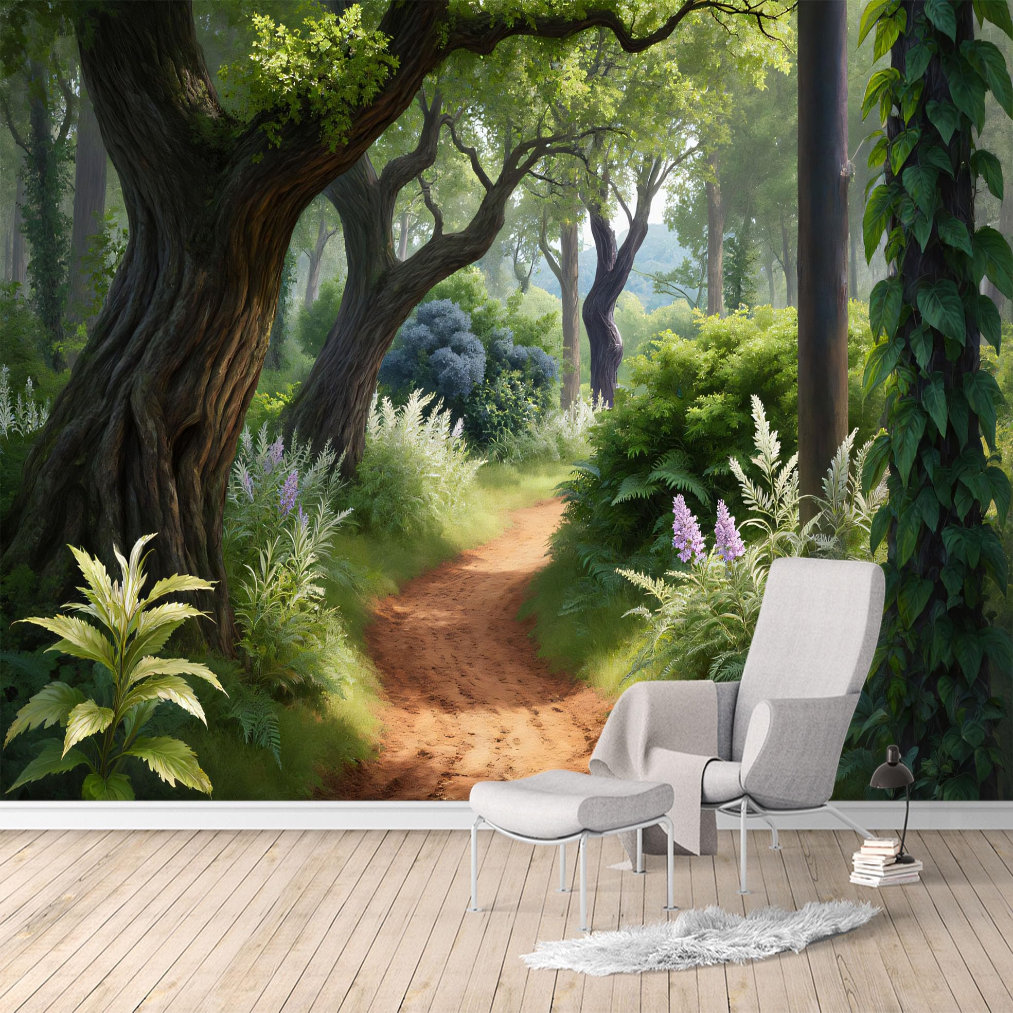 Custom Size Wall Murals,Sunny Forest Path & Green Trees Landscape Nature Scenery,SelfAdhesive Water Activated Removable Wall Covering,Large Photo Wallpaper for Living Room Bedroom Office