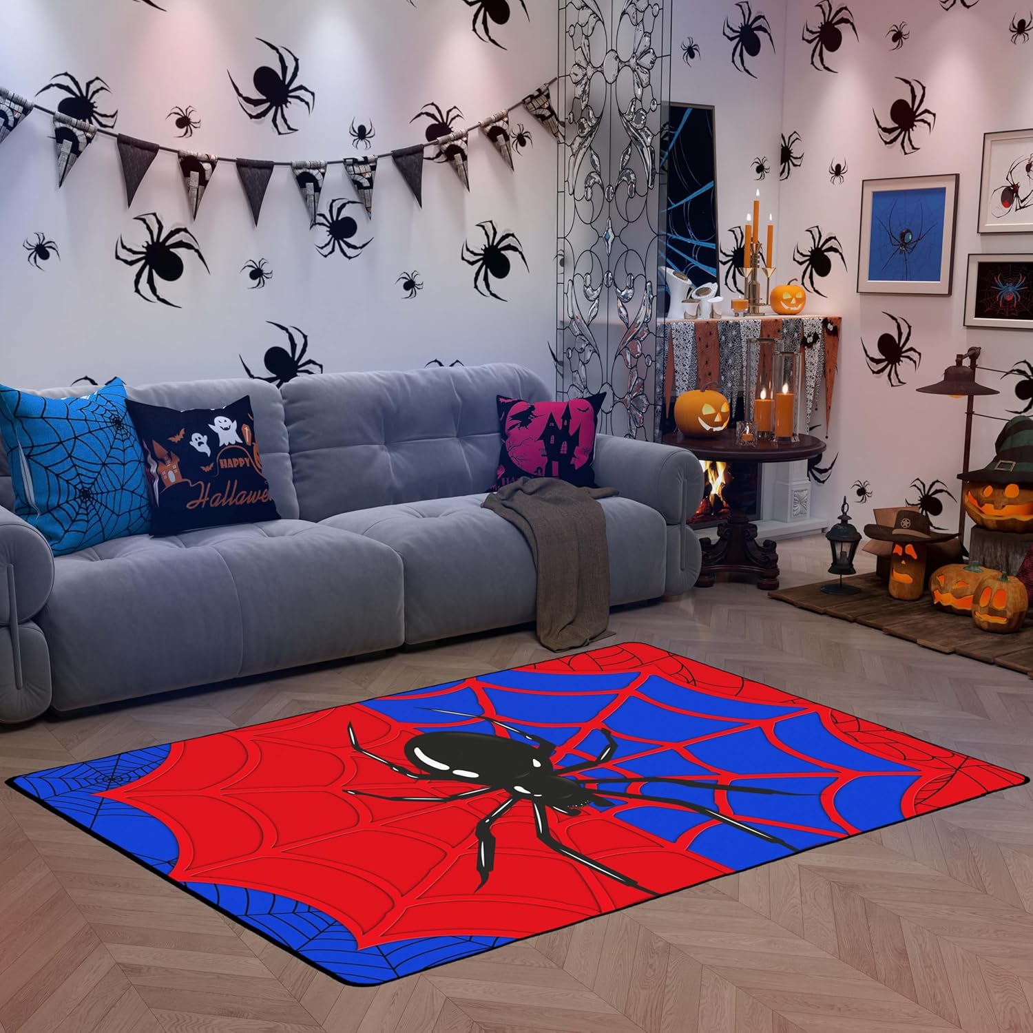 Spider Web Kids Area Rug,Black Spider Arachnid Insect Animals Indoor Floor Mat Entrance Rug for Boys Man Girls Women,Halloween Gothic Non Slip Rug,Red Blue Unique Couch Living Room Decor,3'x5'