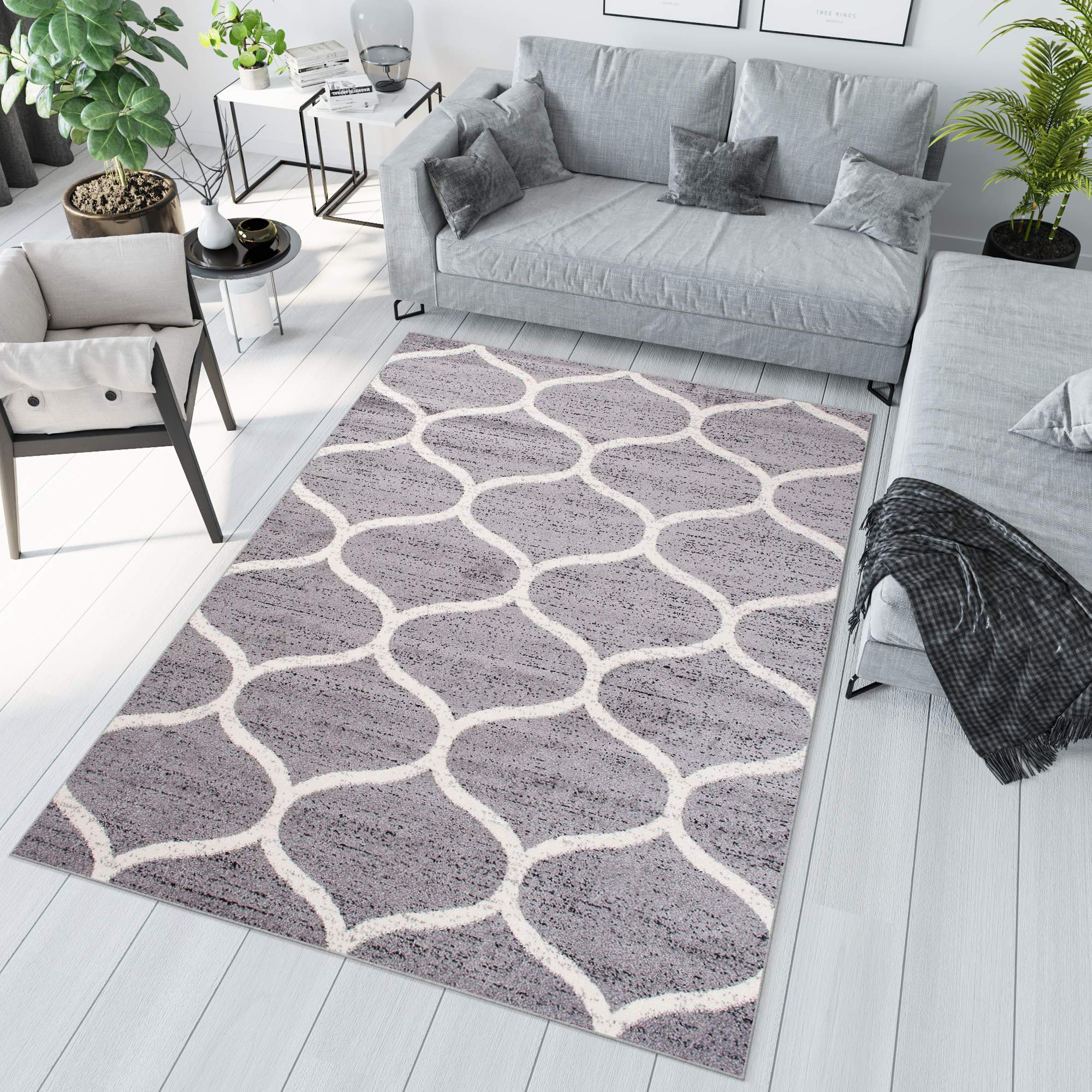 Tapiso Jawa dywan z krótkim włosiem, nowoczesny dywan w kolorze szaro-białym, z designerskim geometrycznym wzorem marokańskim, idealny do salonu, pokoju gościnnego, Ökotex 120 x 170 cm