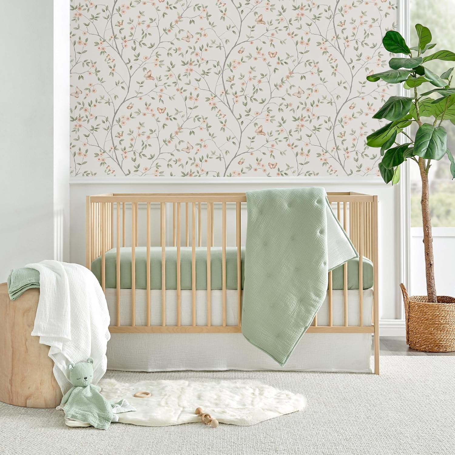 Levtex Baby - Cloud Muslin Sheet Set Crib Fitted Sheet - Fits Standard Crib and Toddler Mattress - Solid - Sage and White - Nursery Accessories - 100% Cotton