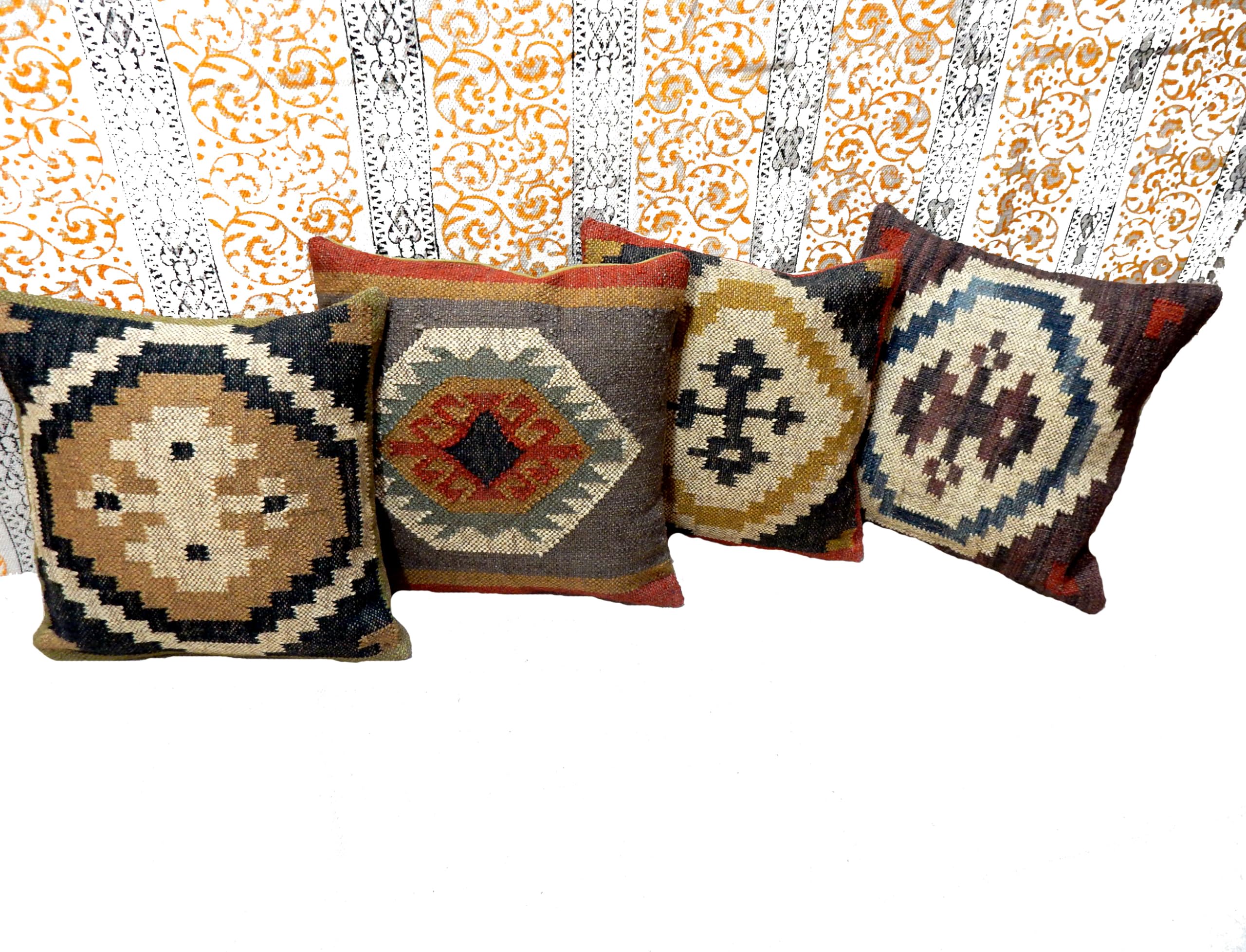 Housse de coussin en jute et laine lot de 4, décoration bohème vintage pour canapé 45x45