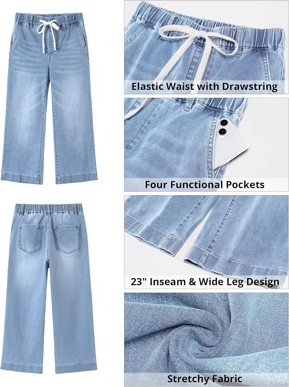 GRAPENT Capris Jeans for Women Trendy Wide Leg Capri Pants High Waisted Pull On Elastic Waist Summer Stretch Denim Jeans - Image 6