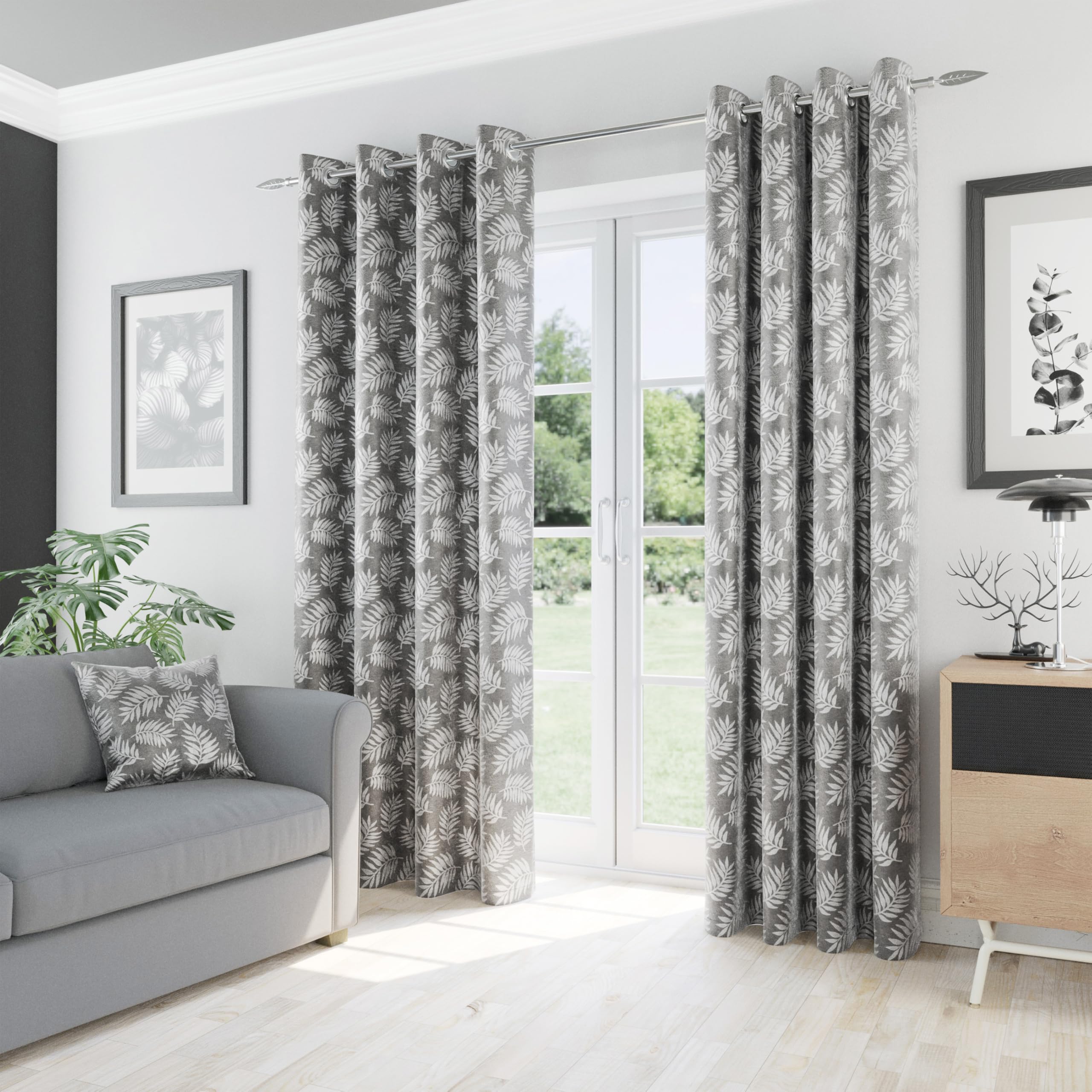 Enhanced Living Oakland Grey Leaf Blackout Thermal Eyelet Curtains 229 x 229cm