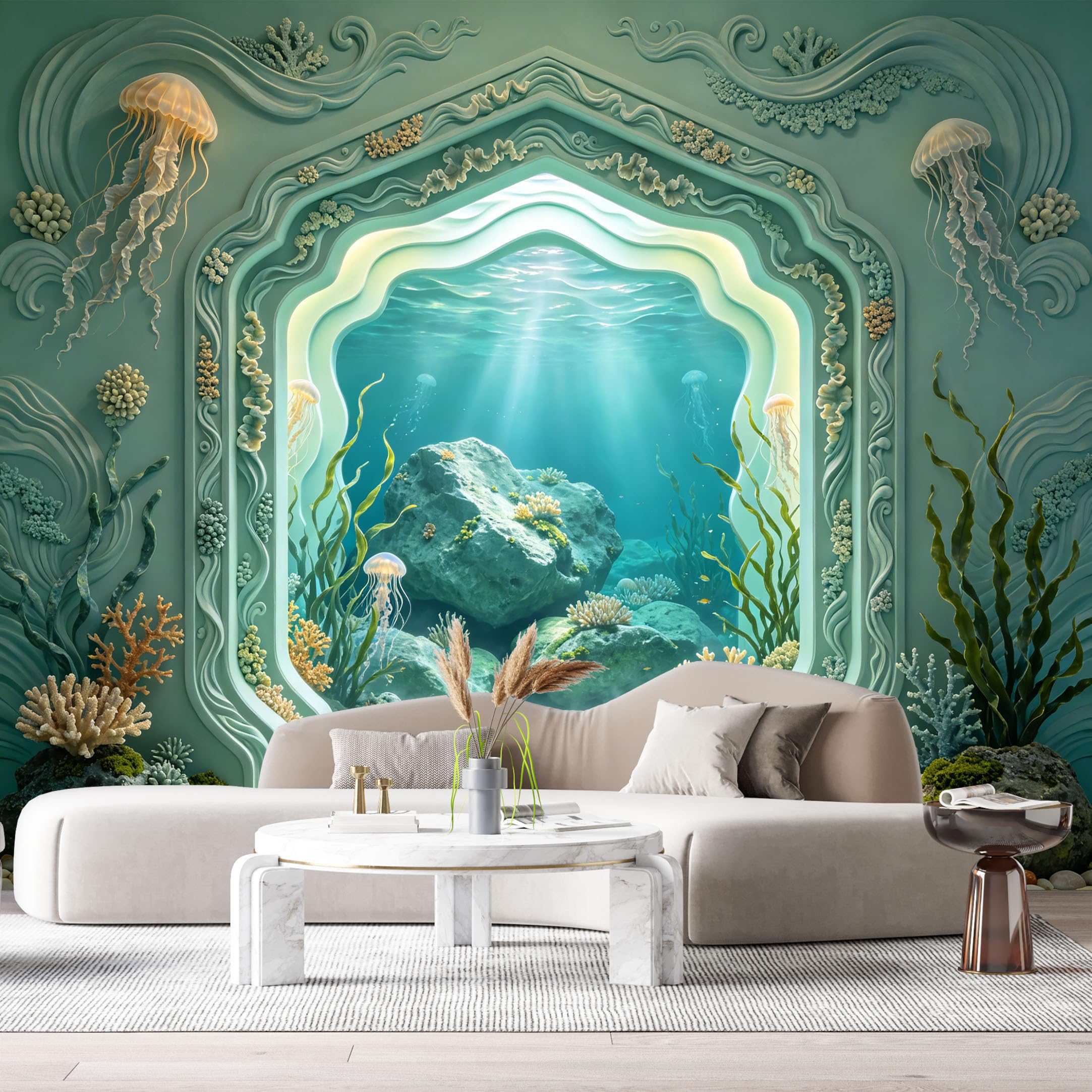 Custom Size Wall Murals Ocean Marine Underwater Seascape Coral Jellyfish 3D Trompe L'Oeil SelfAdhesiveWall Fabric Removable Wallpaper Wall Decor for Living Room Bedroom Bathroom