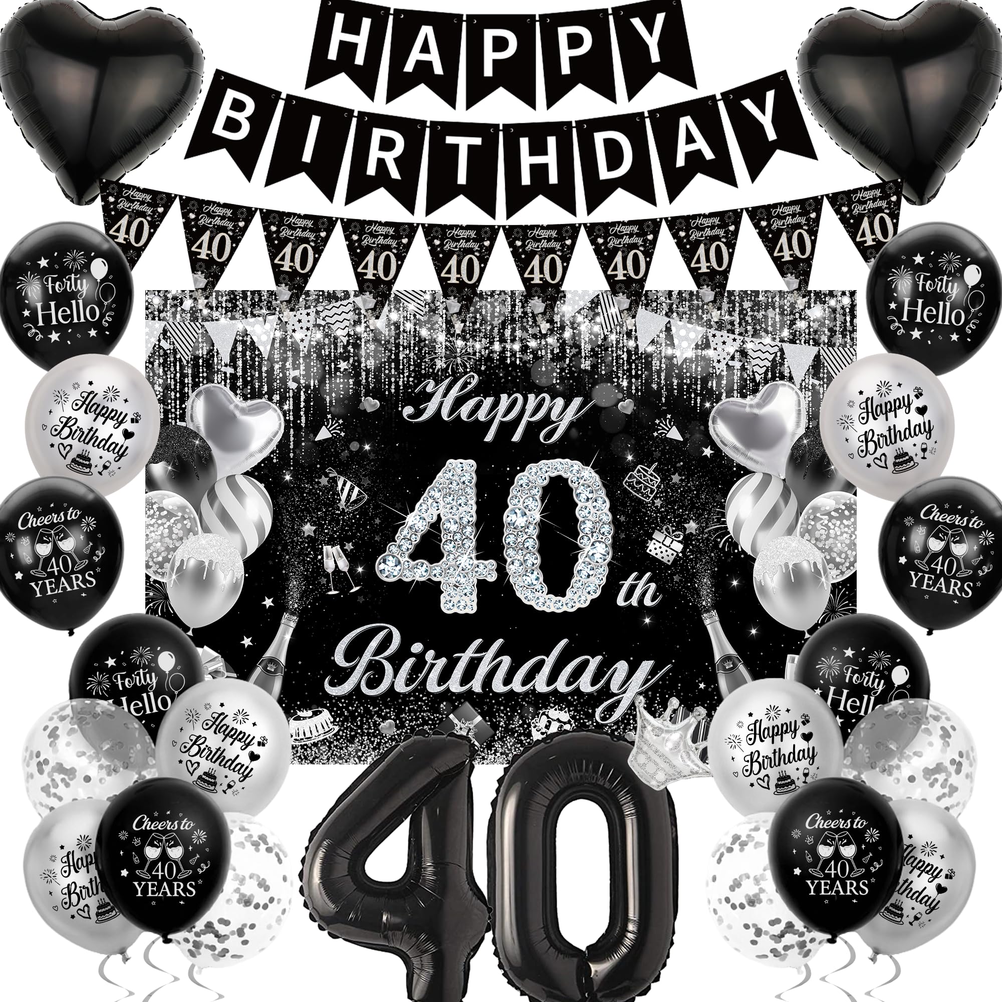 40th Birthday Party Decorations Banner Black Silver Backdrop Balloons Set