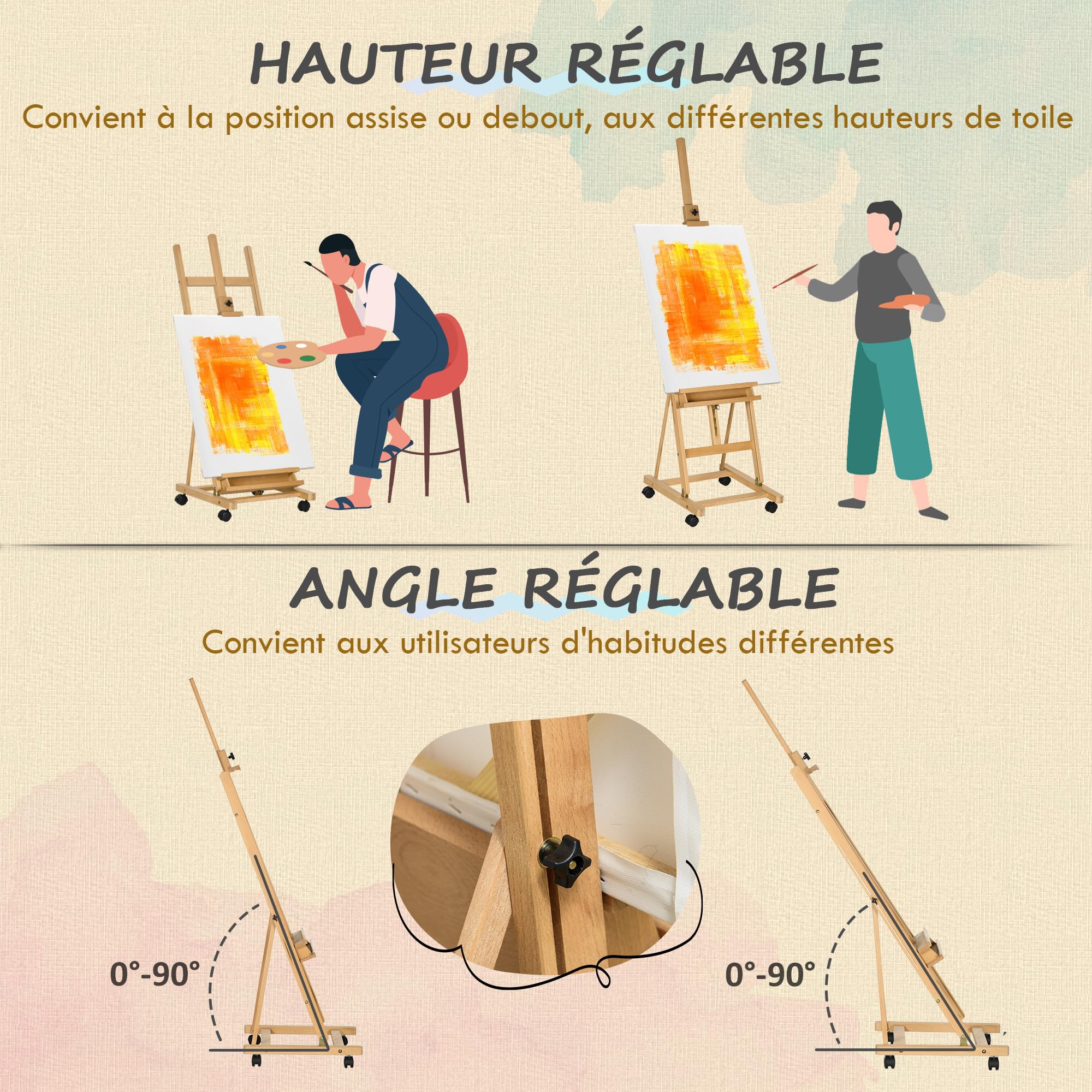 Vinsetto Chevalet d'artiste pliant sur roulettes en bois de hêtre pour toiles jusqu'à 118 cm, hauteur réglable, inclinaison réglable de 90° max. avec porte-pinceau en bois naturel