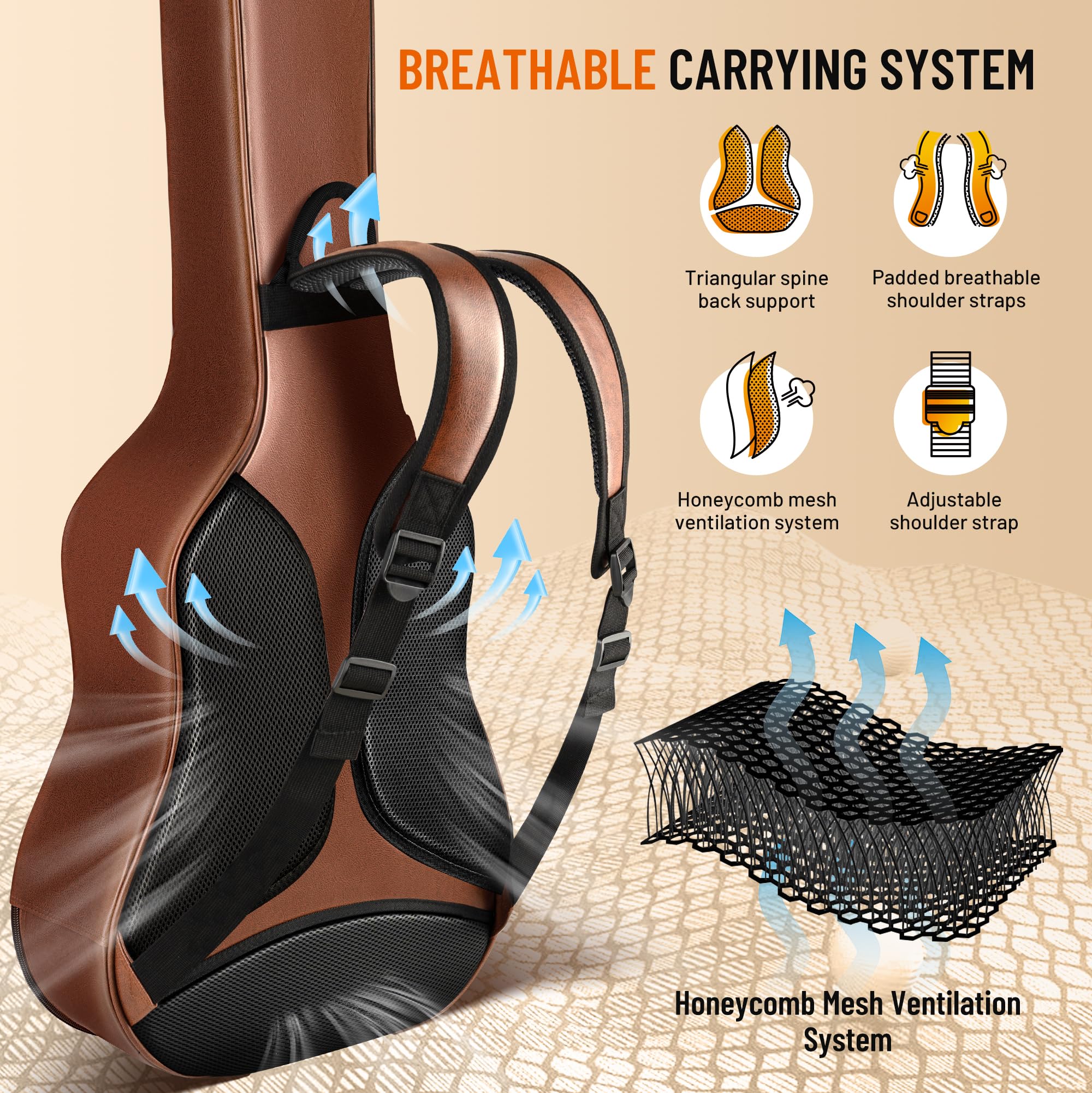 CAHAYA Housse de Guitare Acoustique en polyuréthane: Imperméable avec Rembourrage Respirant 15 mm - Double Fermeture éclair - pour Guitare 40 à 42 Pouces Marron
