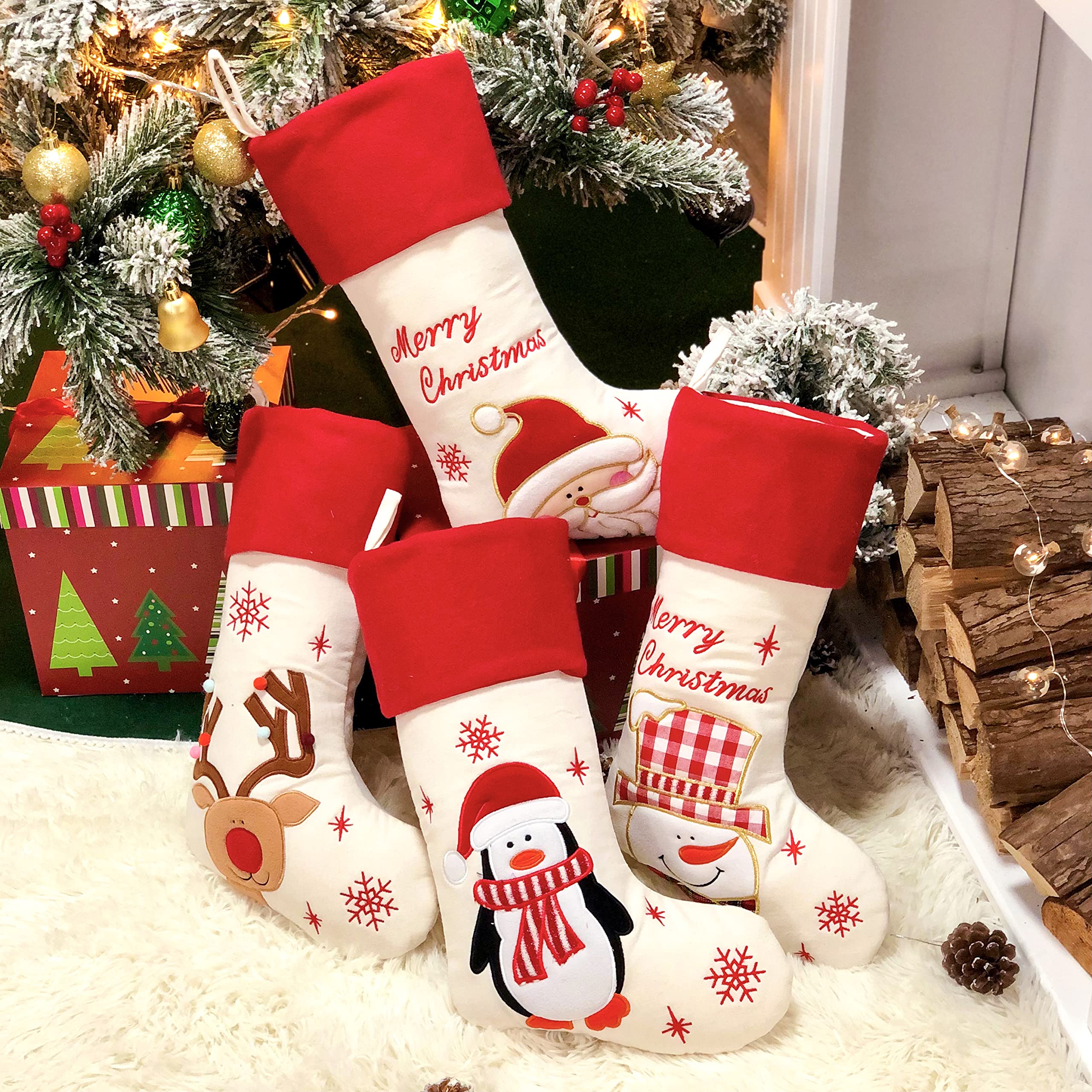 Hopearl Weihnachtsstrümpfe Set 4er - Rustikale Leinen Socken mit Weihnachtsmann, Schneemann, Rentier & Pinguin - 48 cm Geschenkbeutel für Weihnachtsbaum & Familienfeiern