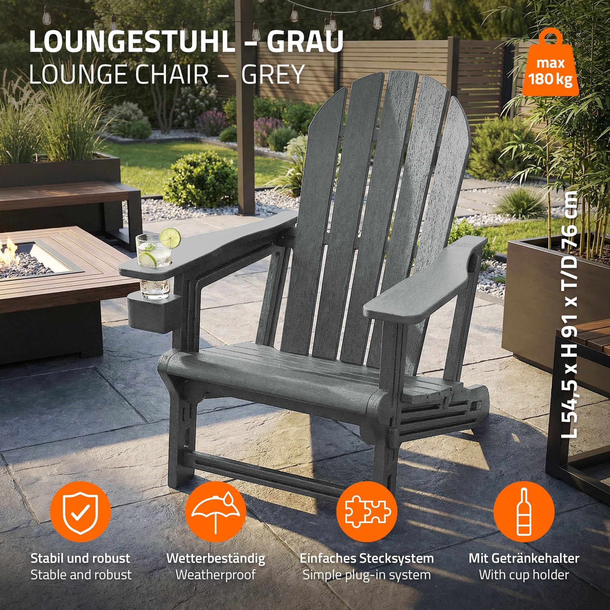 ML-Design Silla Adironack con Portavasos, Gris, Sillón de Jardín de Plástico con Aspecto de Madera, Mecedora Resistente a la Intemperie, Asiento con Respaldo, Tumbona de Exterior Mueble para Patio