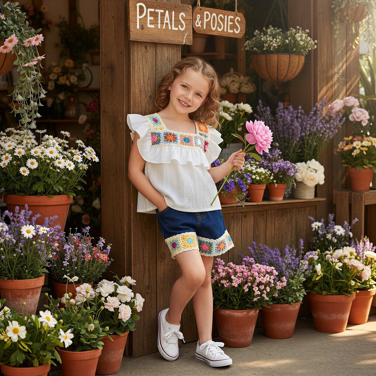 HIHA Toddler Girls Ruffle Crochet Tops Denim Shorts Set For 2-6 Years