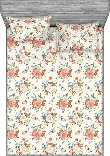 Miniatura 39 de Ambesonne Geometric Fitted Sheet & Pillow Sham Set, Minimalist Vibe Retro Pattern of Waves and Circles Scandinavian, Decorative Printed 3 Piece Pale